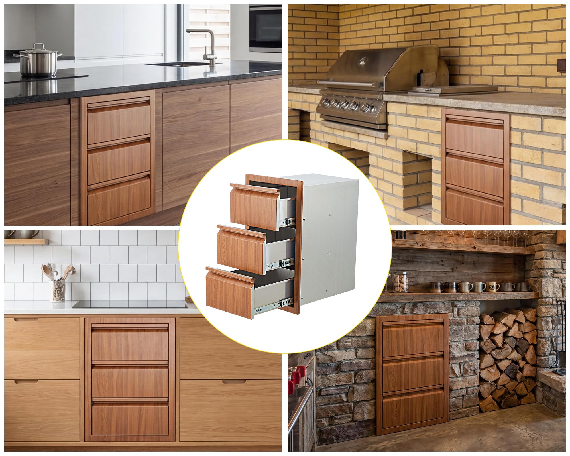 3 Schubladen Outdoor Küchenschrank aus Edelstahl – Schubladenschrank für Grillstation, Kücheninsel, Terrasse und Garten, Aufbewahrungsschrank für Außenküche, Balkon und Camping