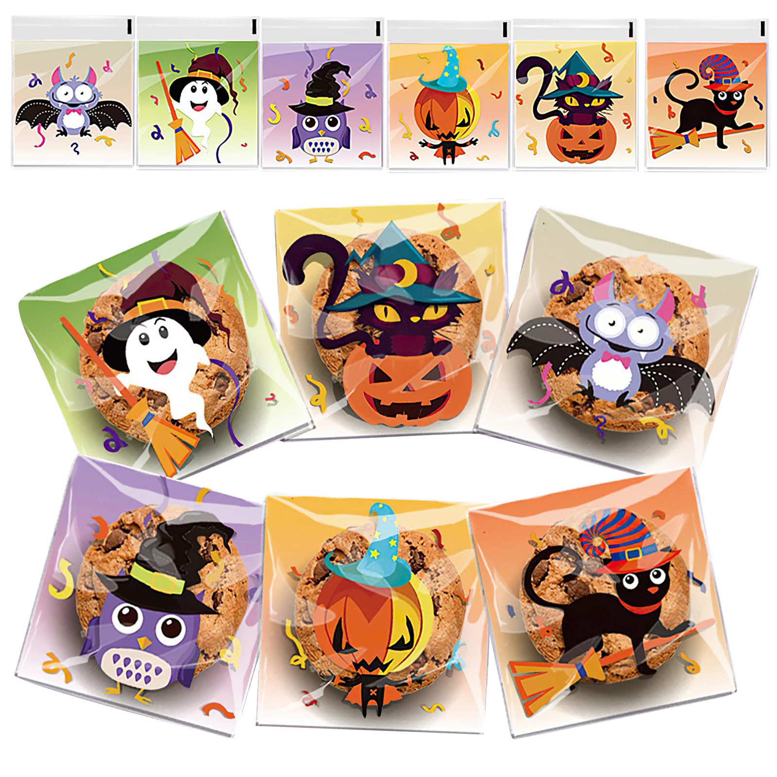100 Pcs Halloween Candy Bags, Halloween Cellophane Bags, Small Trick or Treat, Self Adhesive Clear Cellophane Treat Bag for Party Supplies, Pastry, Snacks and Goodies