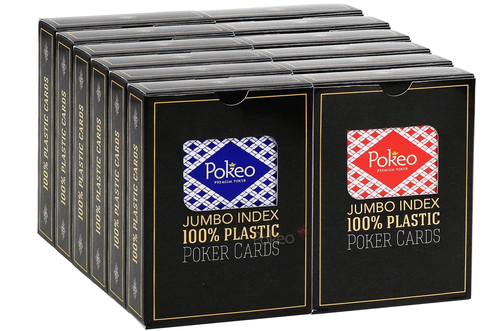 Cartouche Cartes 100% Plastique x12 - Carte Poker Format Jumbo - 54 Cartes de Poker par Paquet - 6 Paquets Bleus+6 Paquets Rouges - Idéal Club Poker