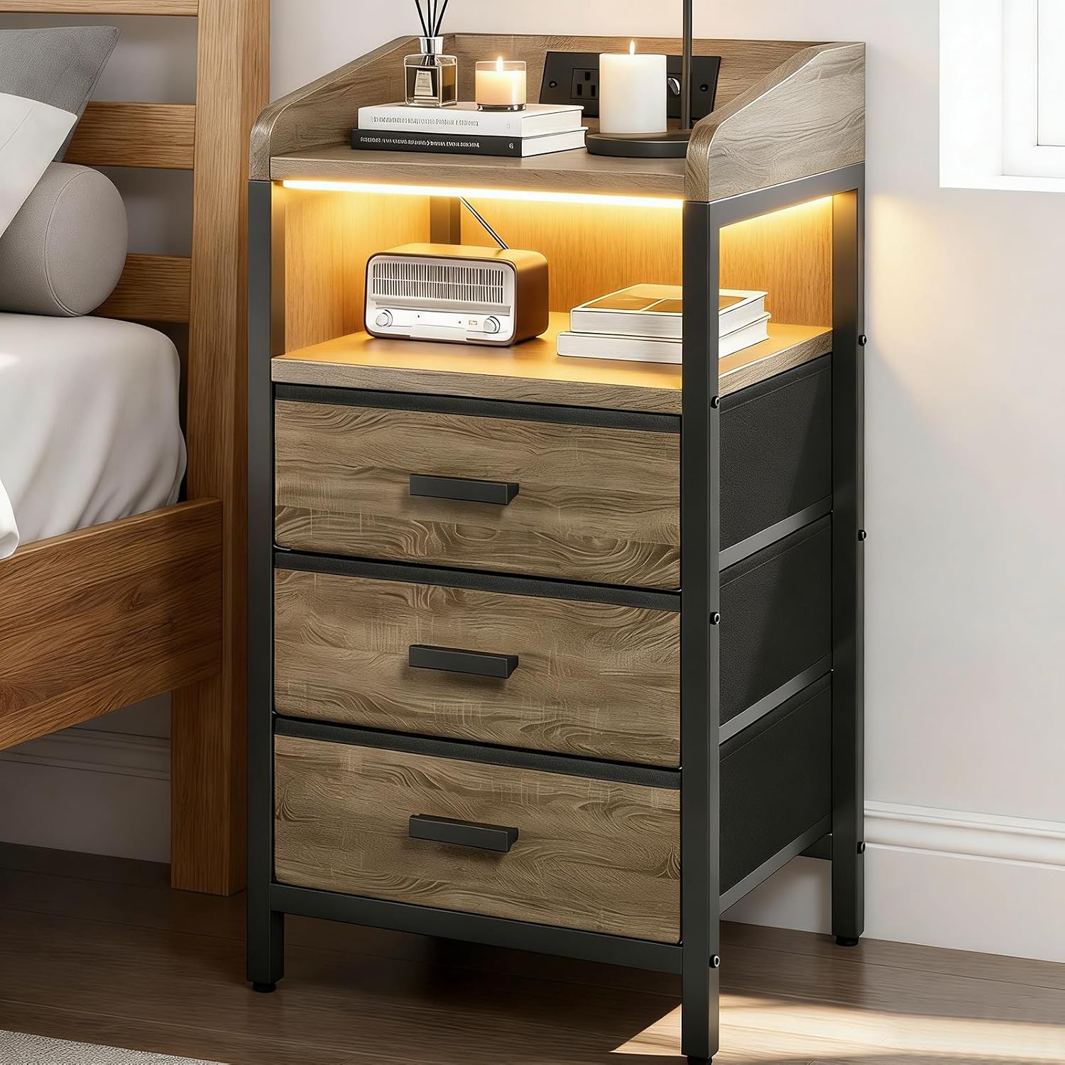 ITEFDTUTNE Nightstand with Drawers Night Stand with Charging Station and led Light Bed Side End Table with Storage for Bedroom Living Room 2 USB Ports and Outlets