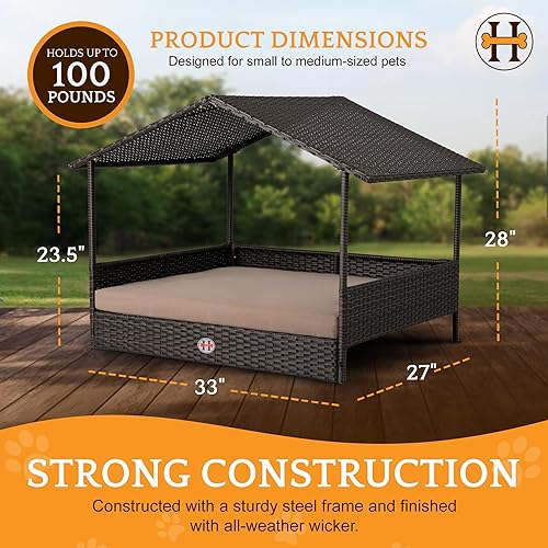 Miniatura 2 de Huntley - Cama elevada de mimbre de ratán para interiores y exteriores, con toldo, funda de cojín resistente a la intemperie