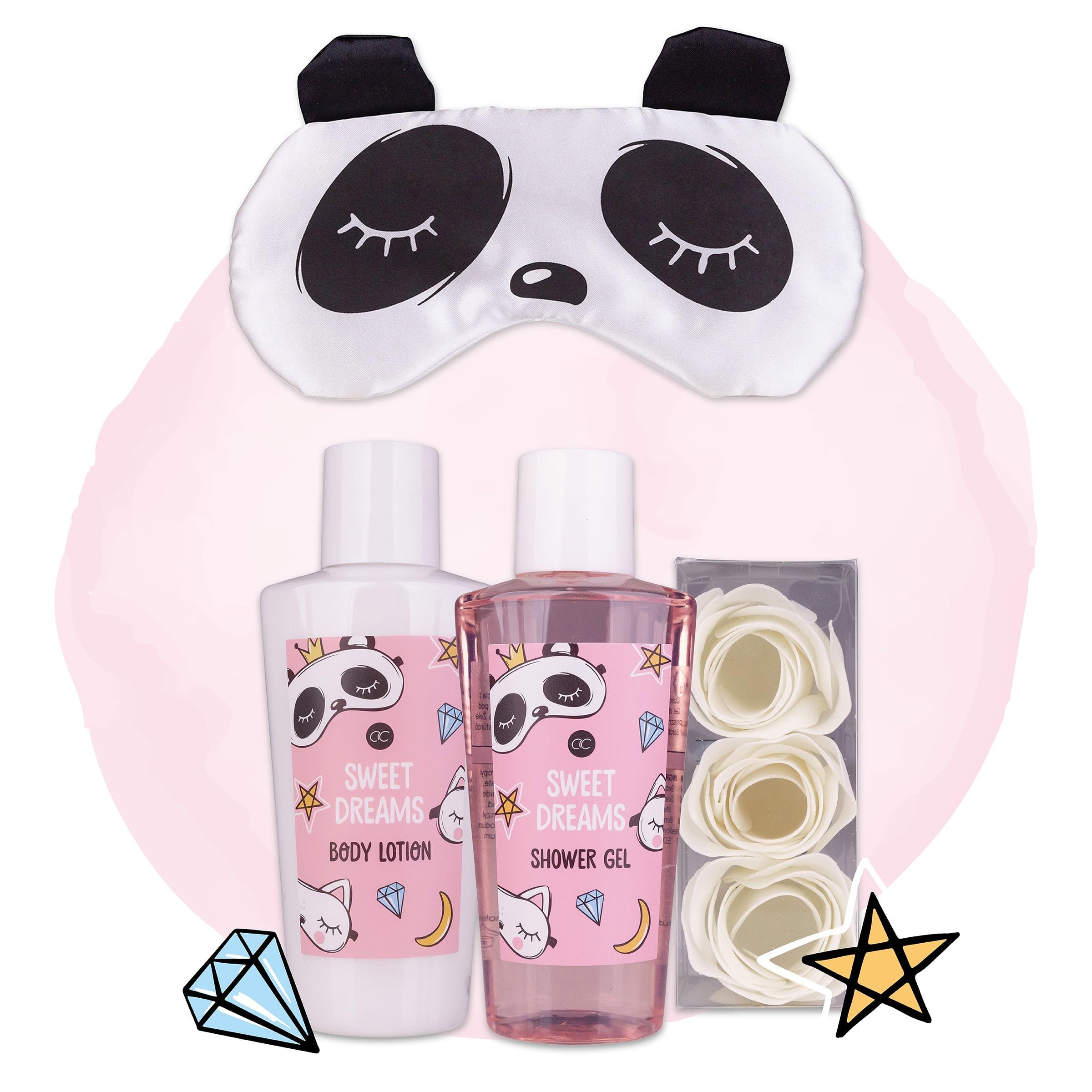 Set de regalo para mujer Sweet Dreams de Accentra - Antifaz de panda, gel de ducha, loción corporal y confeti de baño de rosas