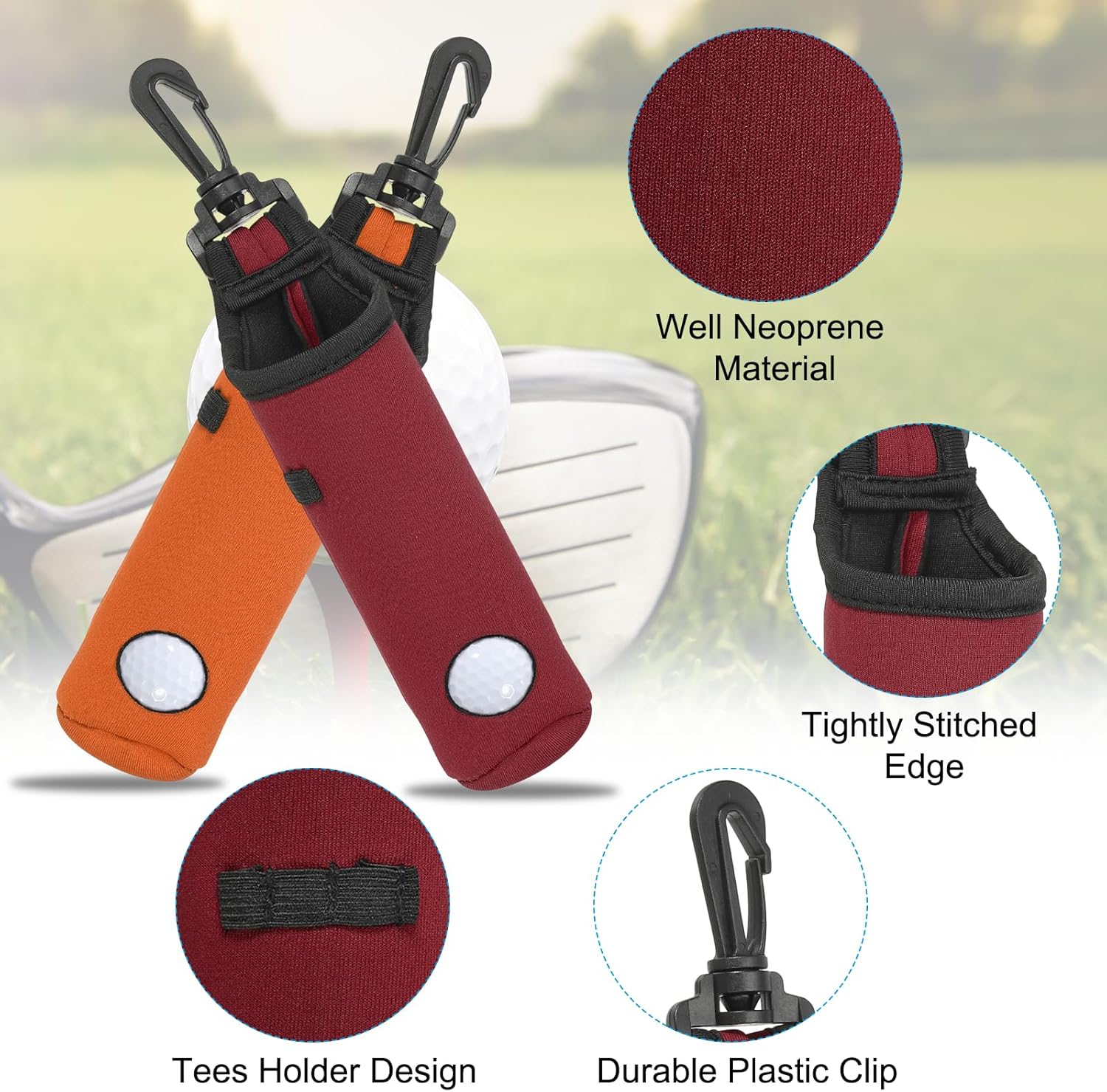 PATIKIL Golf Ball Carry Bag, 2 Pcs Golf Tee Holder Pouch Portable Neoprene Golf Ball Holder with Clip for Men and Women Storage Gifts, Burgundy - Image 3
