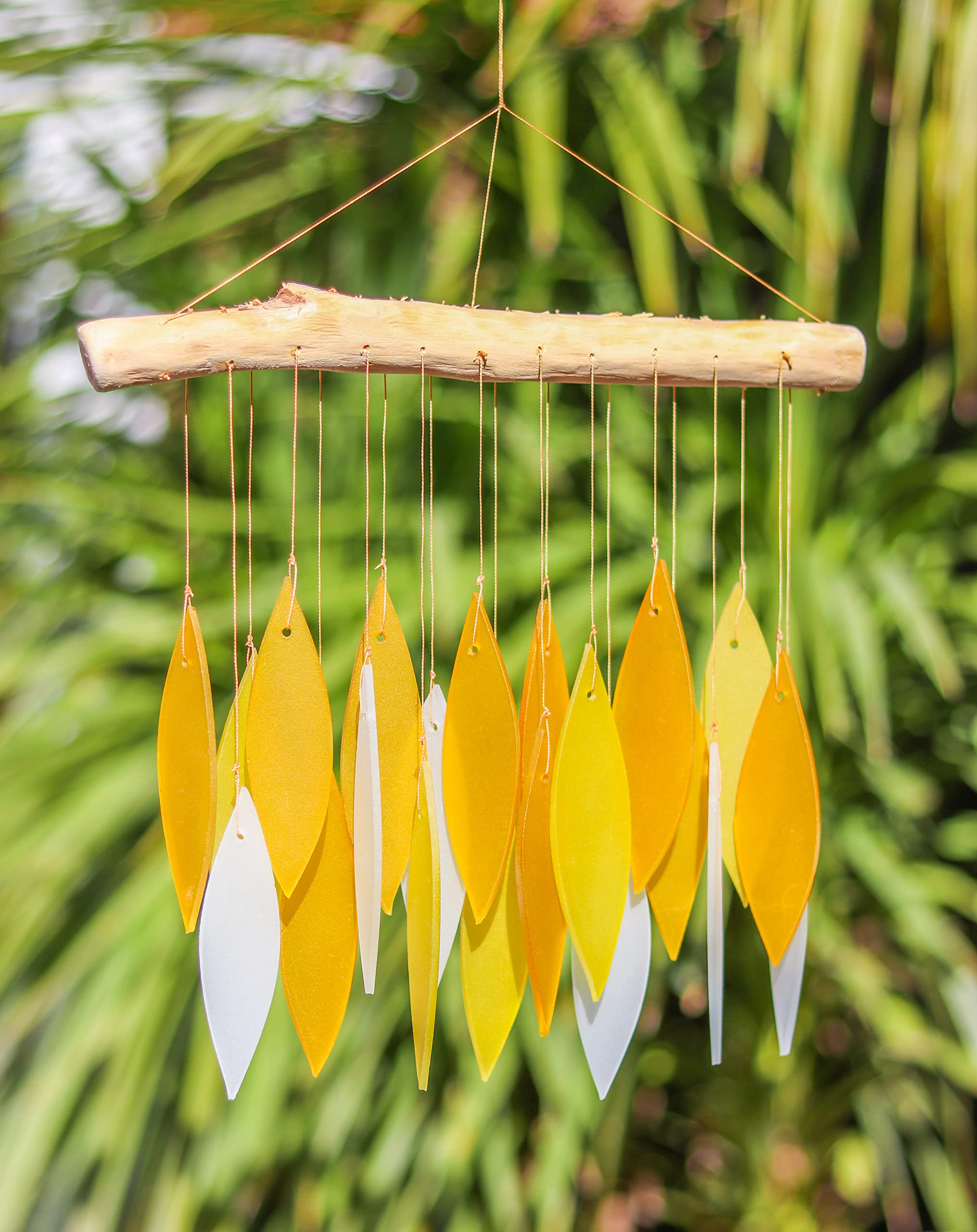 Yellow & White Glass Wind Chime Recycled Glass and Bamboo Driftwood Garden Chime Hanging Outdoors Indoors Multicoloured Fairtrade Eco Friendly Handmade Fairtrade
