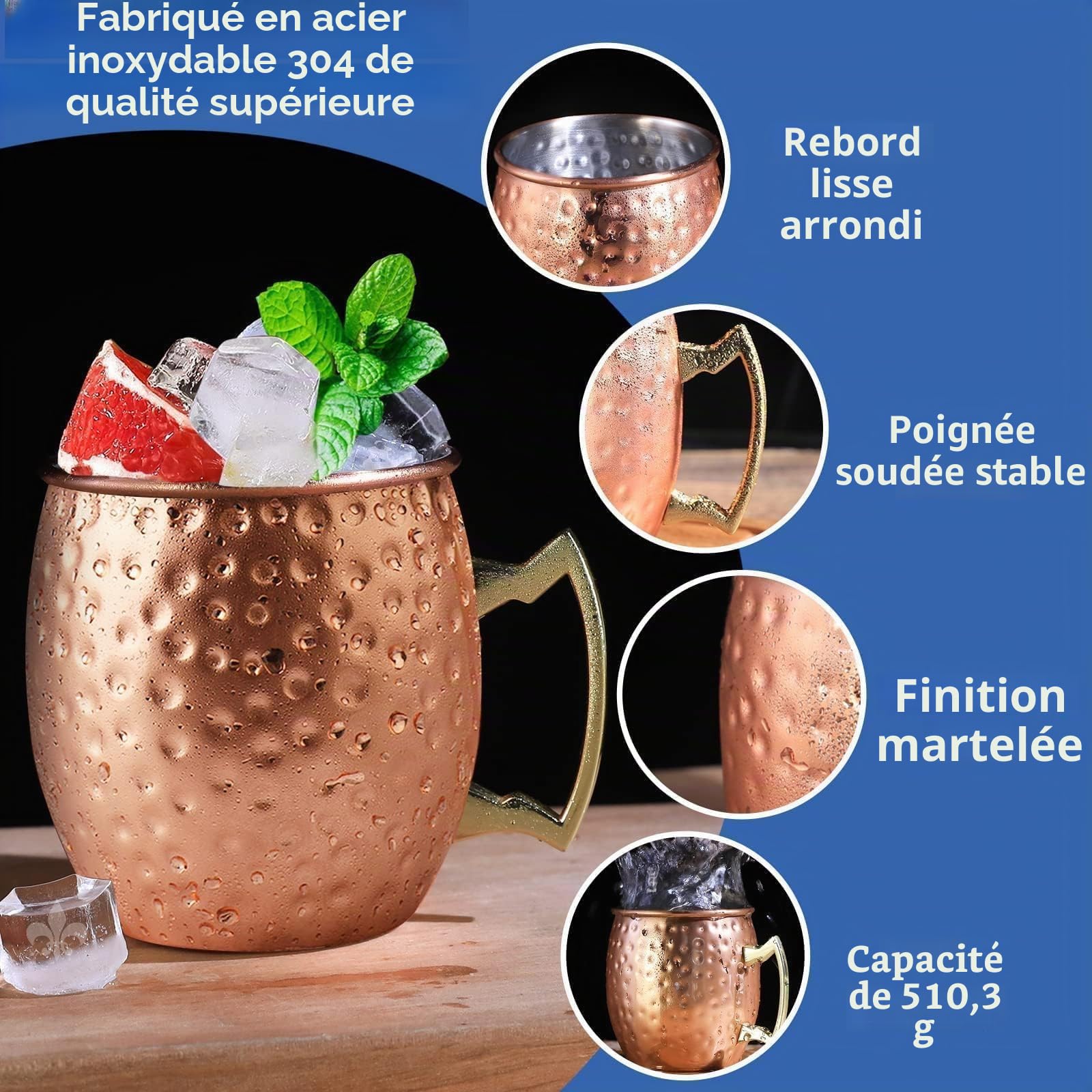 Moscow Mule Lot de 6 tasses en acier inoxydable plaqué cuivre 510,3 g pour boissons réfrigérées