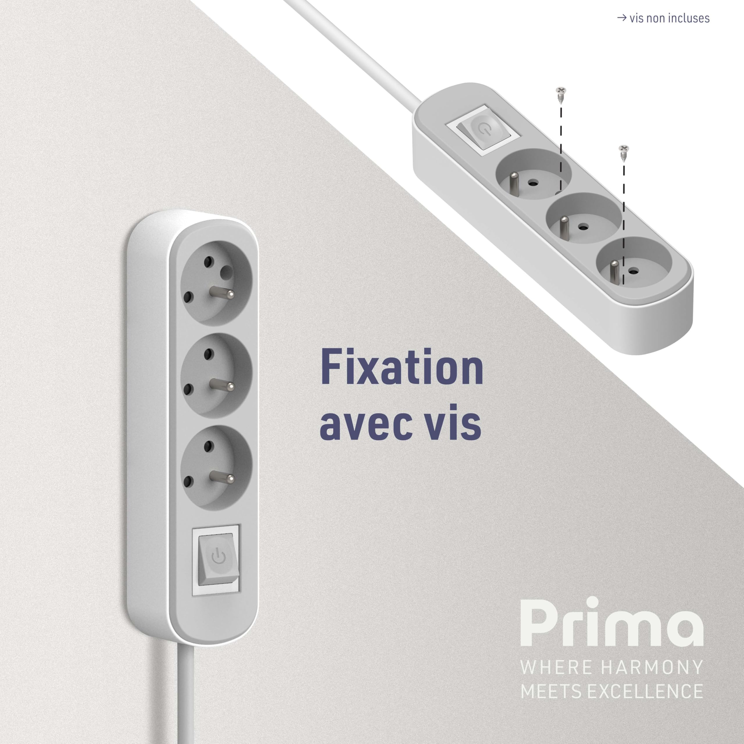 Electraline 32020 Listwa zasilająca Prima 3-gniazdkowa 16 A z przełącznikiem, kabel H05VV-F 3G1,5 mm², przekrój, długość 3 m, biało-szary