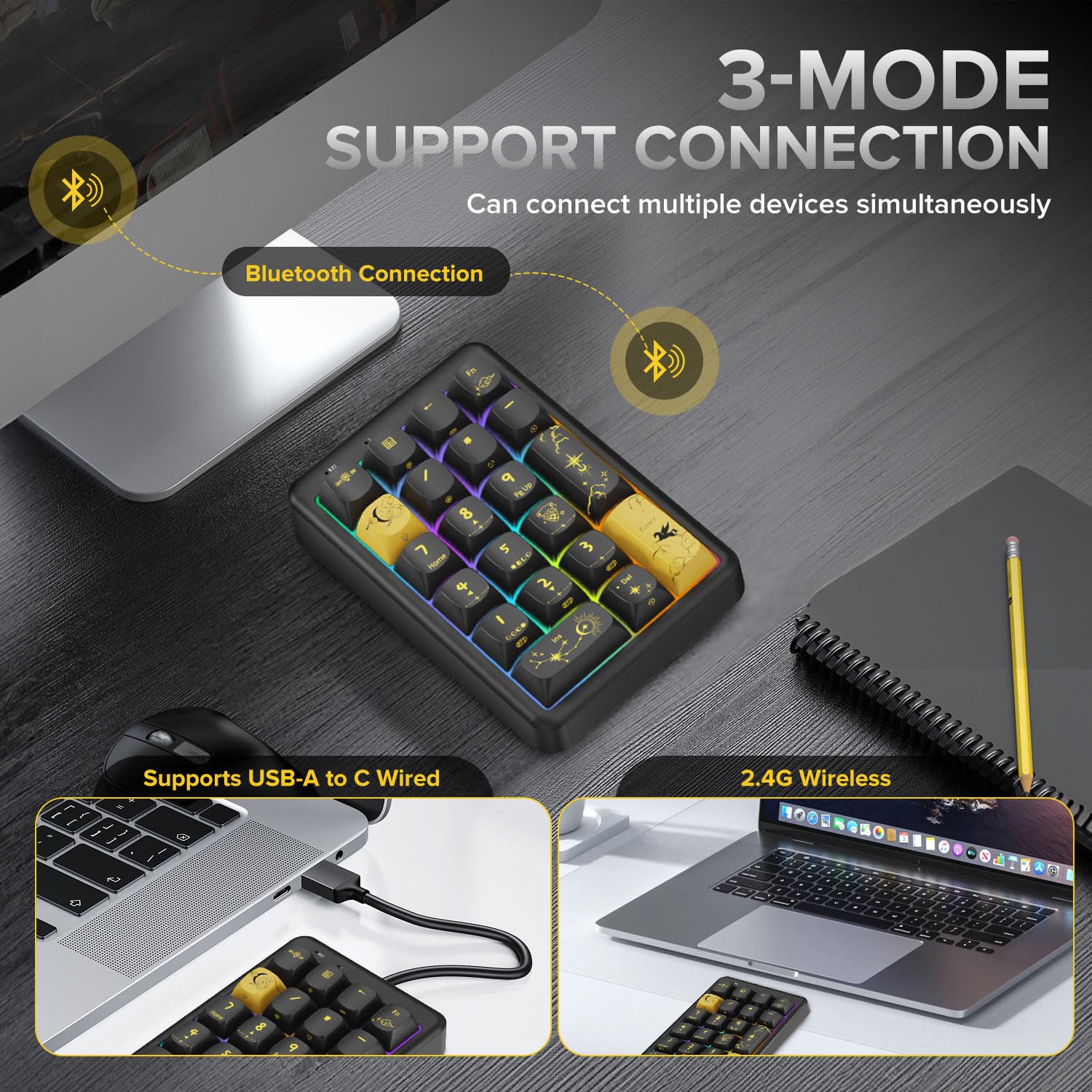 NumberPad, 21 tasti hotswappable, tastiera numerica wireless Bluetooth 5.0/2.4G/Type-C, tastiera numerica ricaricabile, struttura guarnizione RGB, tastiera meccanica con copritasti in PBT, per PC