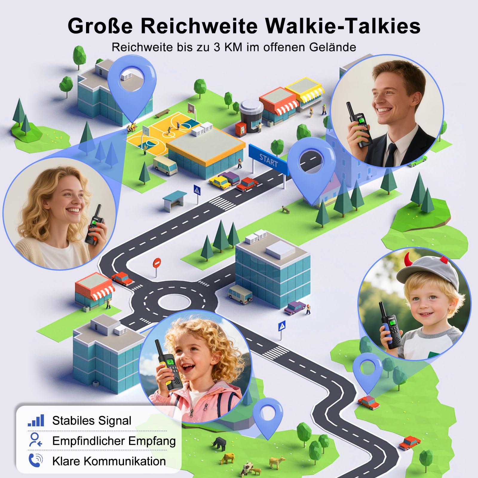 Walkie Talkies 4er Set, Walkie Talkie Aufladbar für Kinder Erwachsene, Große Reichweite Walki Talki mit Akku, Walky Talky VOX Taschenlampe für Camping, Freien, Wandern