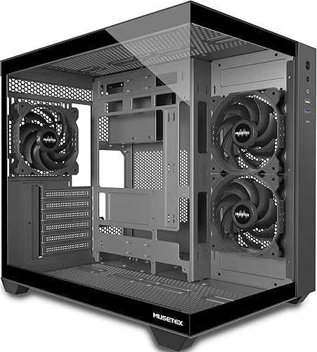 MUSETEX ATX PC Case, 360MM RAD Support, 3 Non-LED Fans Pre-Installed, 270° Full-View Tempered Glass Gaming PC Case with Type-C, Mid Tower ATX Computer Case, Black, Y6