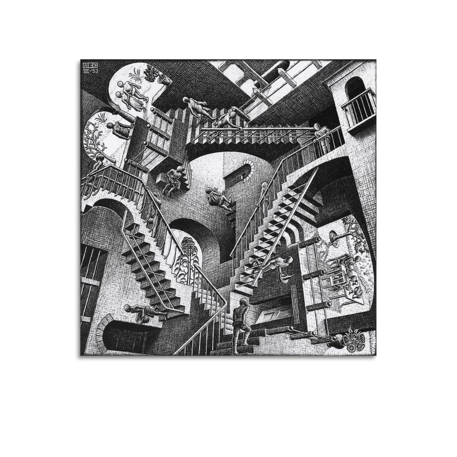 Jaher Unframe-Style M.c. Escher Paintings Artworks - (Stairs) Posters Print Photo Art Painting Canvas Home Decorative Bedroom Modern Decors Gifts 12X12inch(30X30cm)