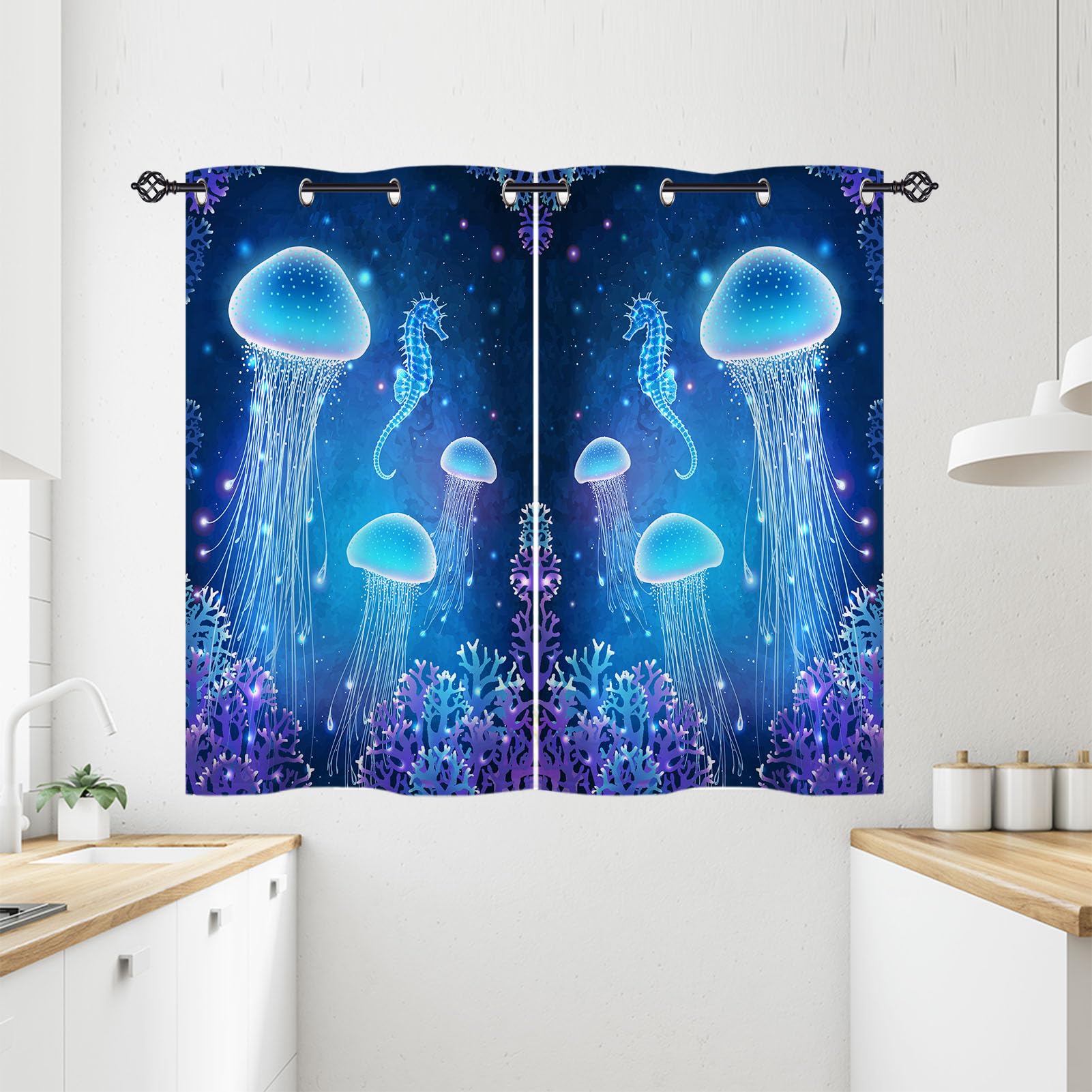 ANHOPE Jellyfish Curtains Eyelet Ring Top Soft Thermal Insulated Blackout Curtains Ocean Seahorse Coral Print Pattern Decorative Window Drapes for Bedroom Living Room 28 x 54 Drop Inch 2 Panels