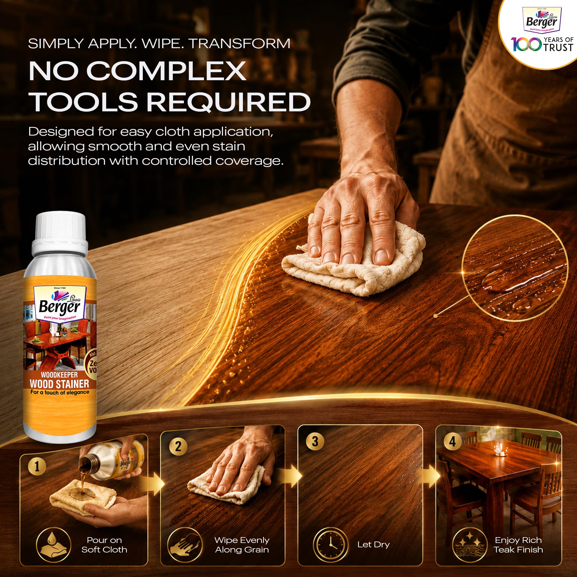 Berger Wood Keeper Rose Wood Wood Stain with Leakproof Bottle & Easy Cloth Application Transparent Solvent-Based Stainer for Home Office Furniture Surfaces Shine and Finish (Pack of 1, 500ML) 2