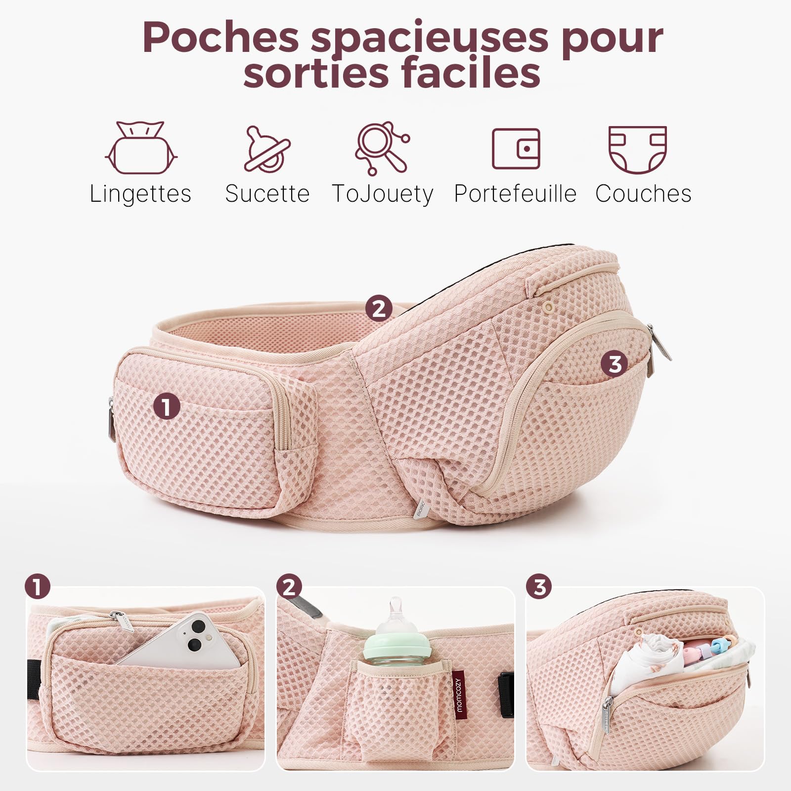 Momcozy Nosidełko dziecięce z poduszką na biodra, 2 w 1, regulowane i zdejmowane, do 20 kg, różowe