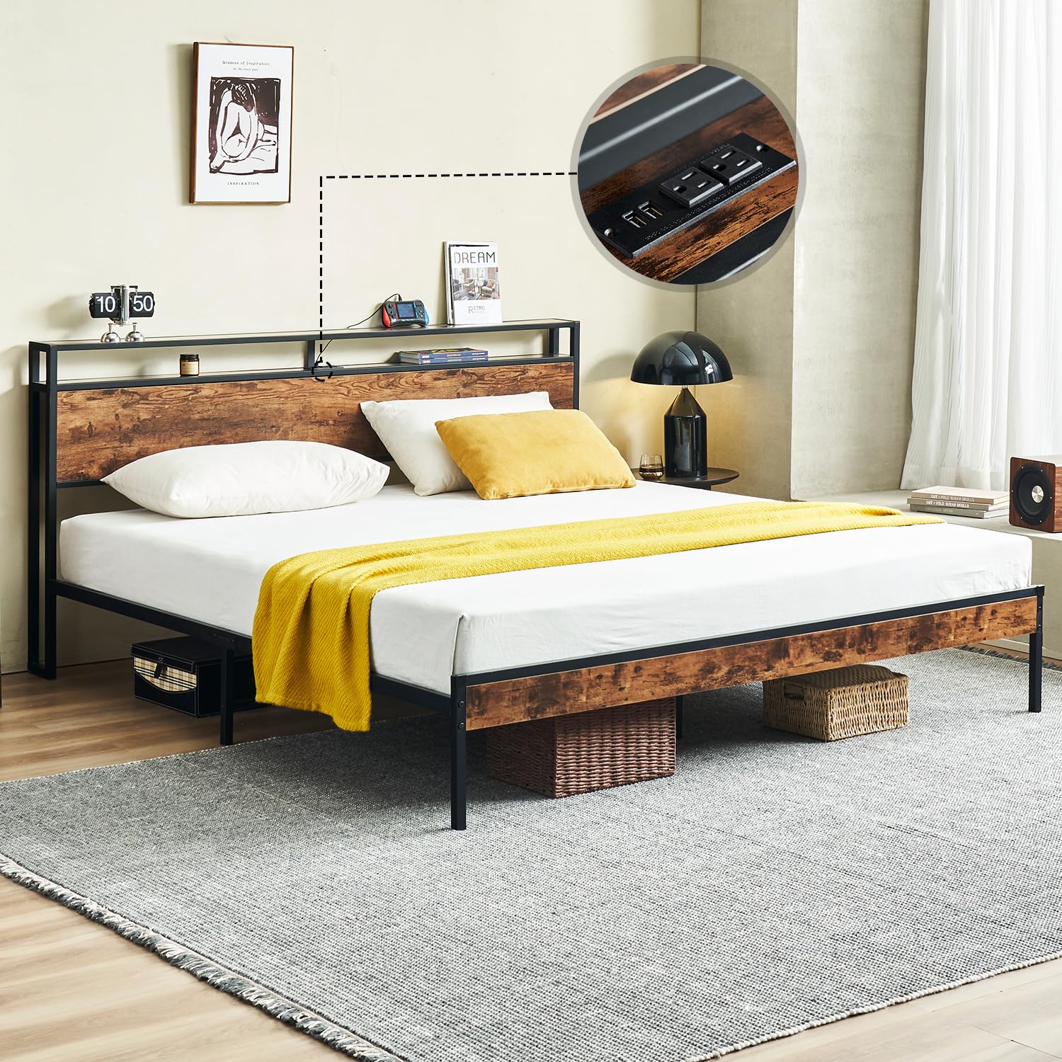 King Size Bed Frame with Charging Station, Platform Bed Frame with Storage Headboard, Easy Assembly, No Box Spring Needed (Brown)