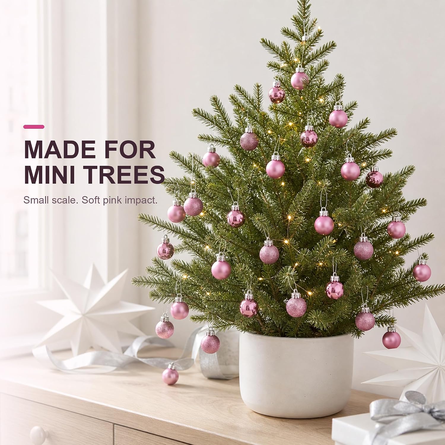 24pcs Mini Pink Christmas Ball Ornaments, 1.18 Inch