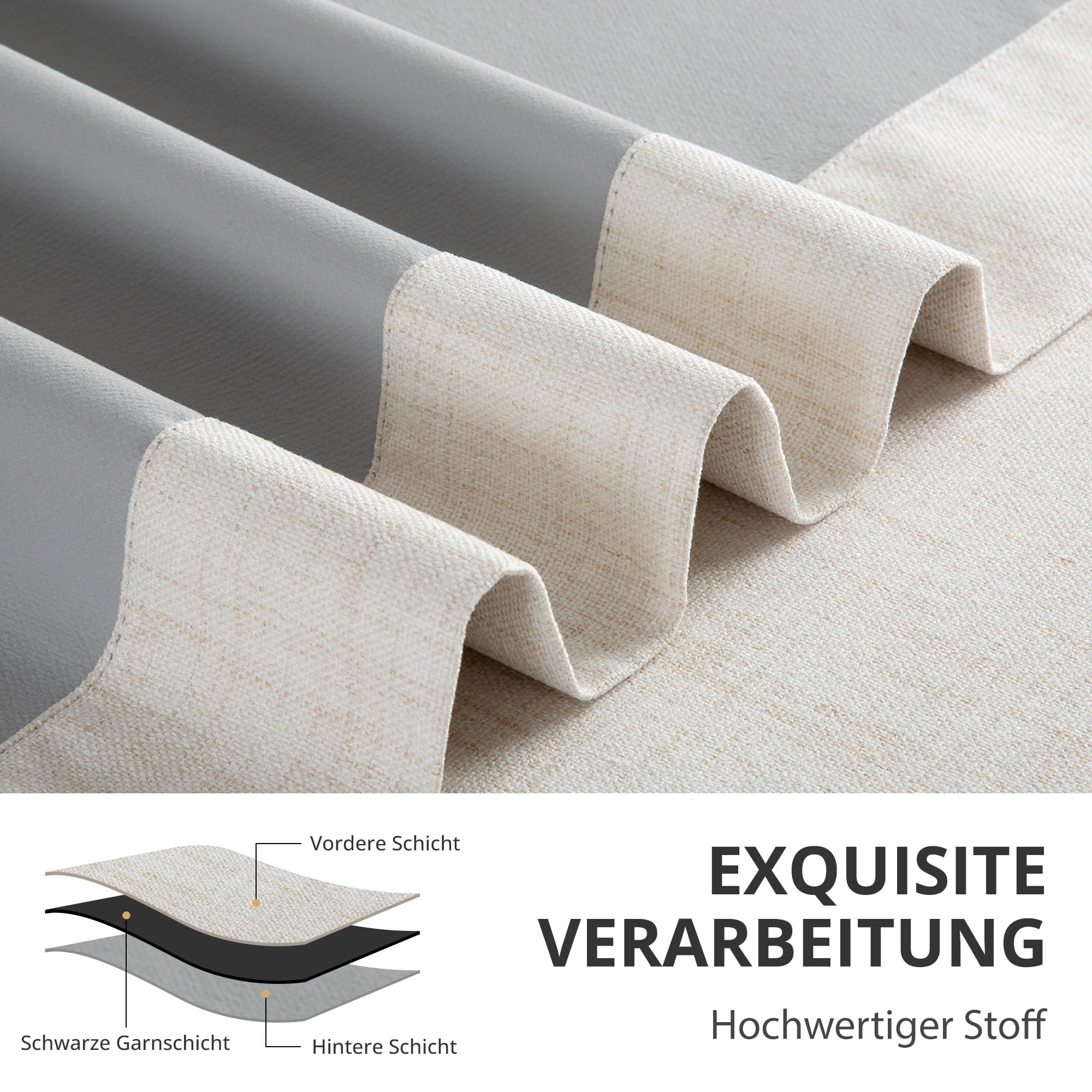 100% Verdunkelungsvorhänge mit verdeckten Schlaufen, Leinen-Optik, 2er-Set Blickdichte Vorhänge Stangendurchzug für Schlafzimmer oder Wohnzimmer – H245 x B140 cm, Creme