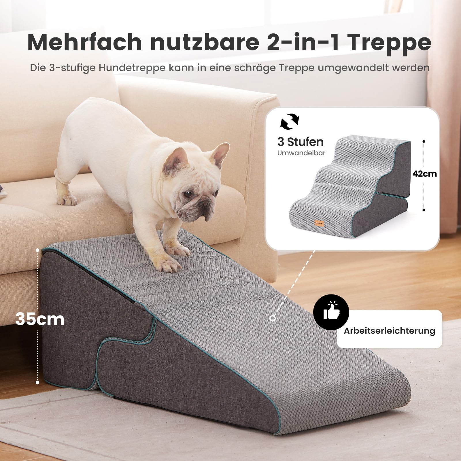 Gardner Pet Hundetreppe für kleine Hunde 35/42cm, Haustiertreppe Hundetreppe 3 Stufen, Hunderampe aus hochdichtem Schaumstoff mit rutschfestem wasserdichtem Stoffbezug für Bett, Sofa, Couch