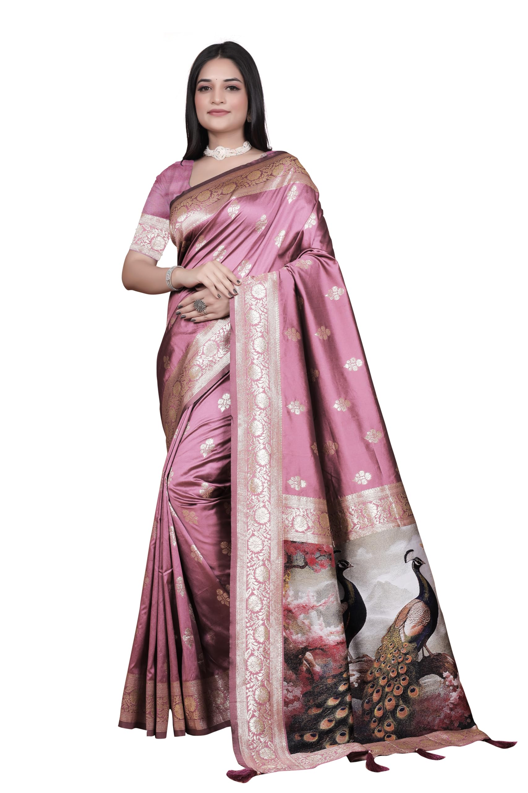 Women's Banarasi Silk Saree with Artistic Peacock Pallu for Women | For Traditional Wedding & Festivals | 5.5m Saree + 0.8m Blouse