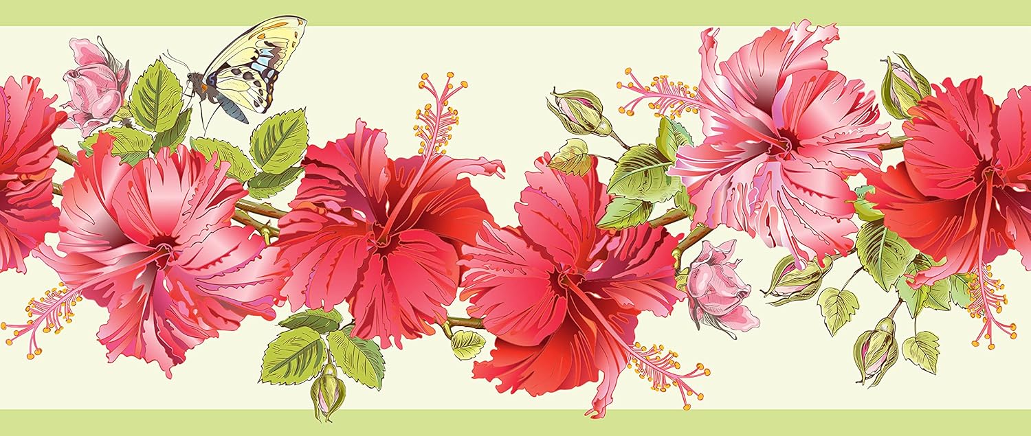 Grace & Gardenia GB20031 Hibiscus and Butterfly Peel and Stick Wallpaper Border 10in Height x 15ft Pink Green Designs