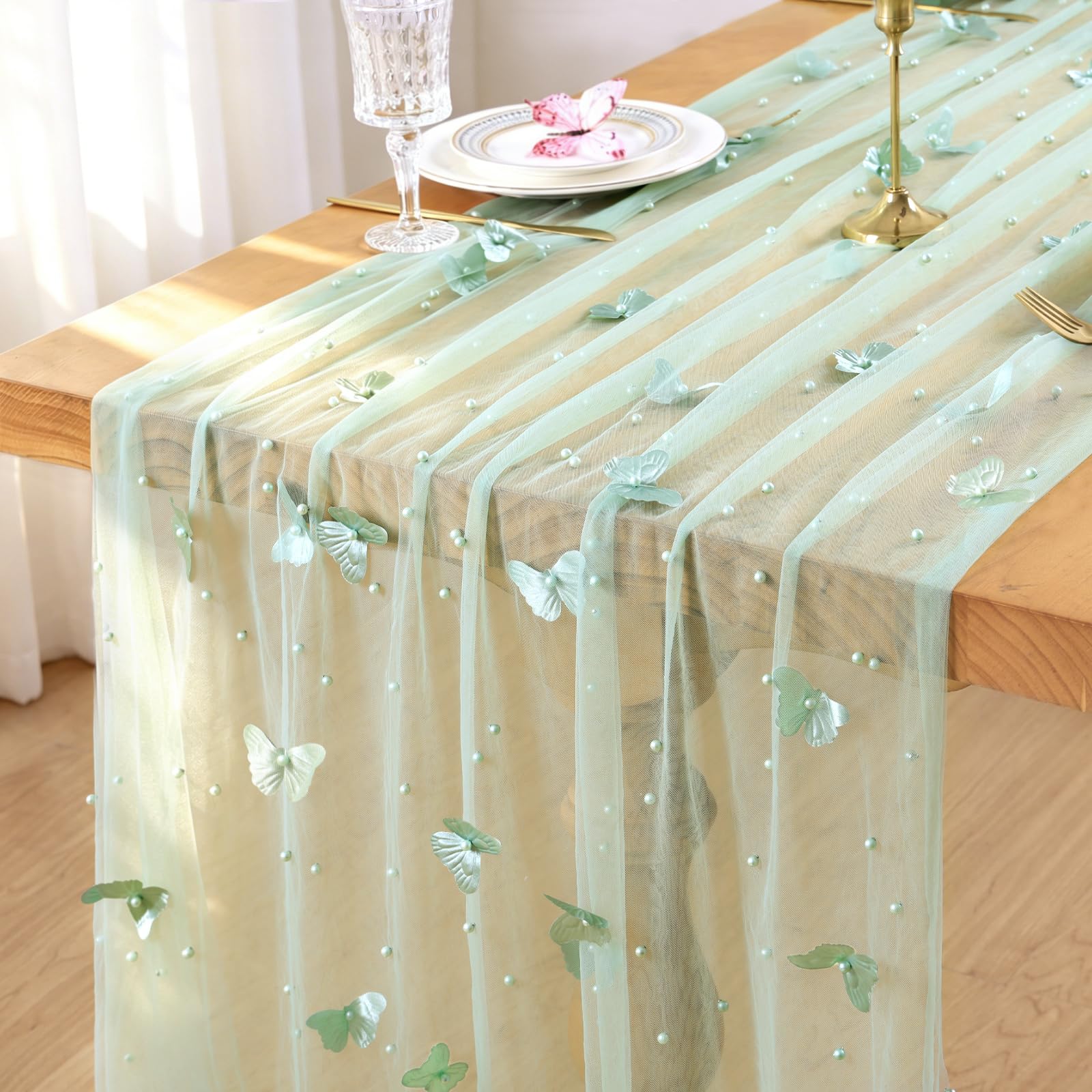 MEIVINES Green Butterfly Lace Table Runner 75x300 cm Pearl Table Runner