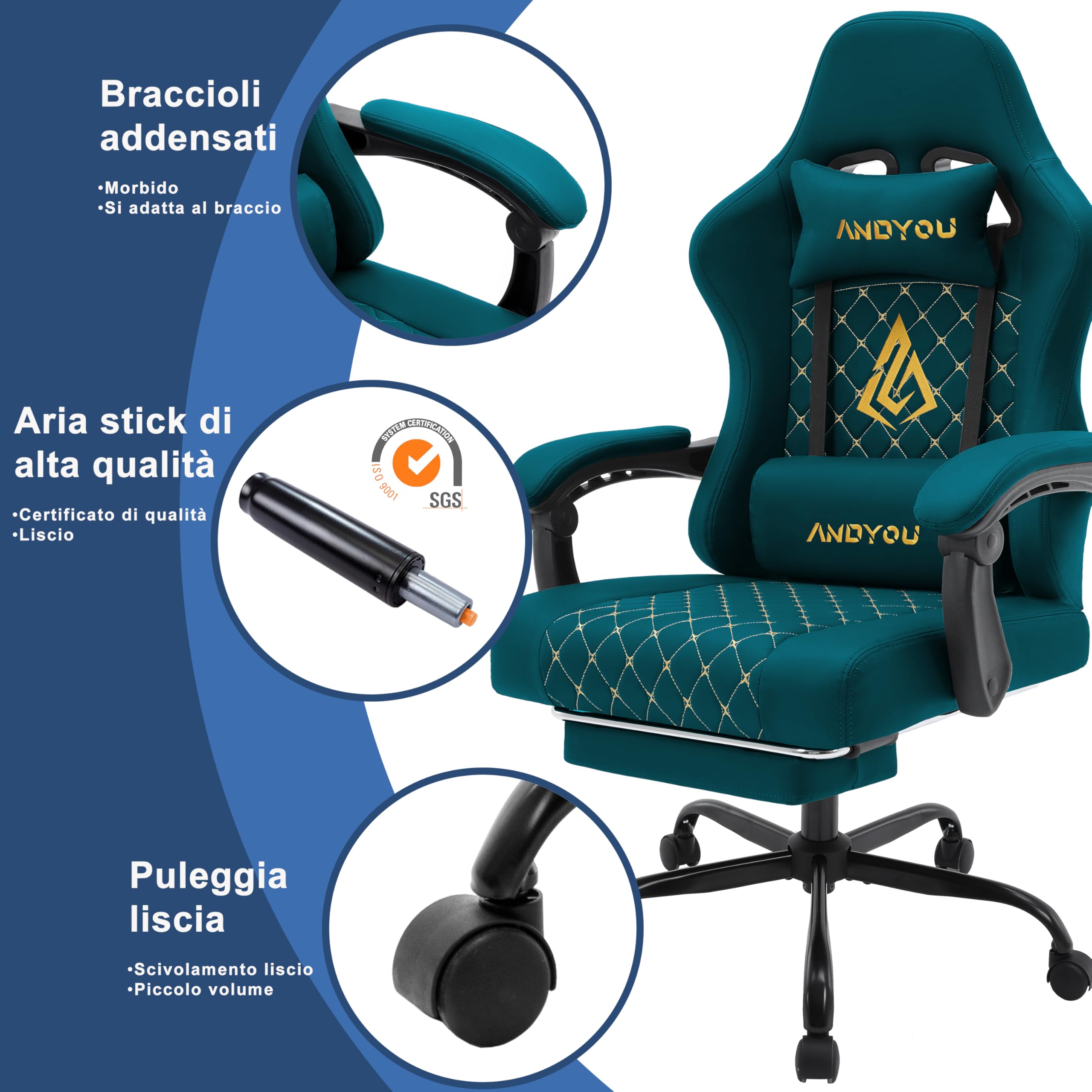 Andyou Silla Gaming Ergonómica Profesional con Soporte Lumbar - Silla Gamer para Adulto, Giratoria y Reclinable con Reposapiés Ajustable y Tela Transpirable, Soporte 150 kg para Oficina y PC