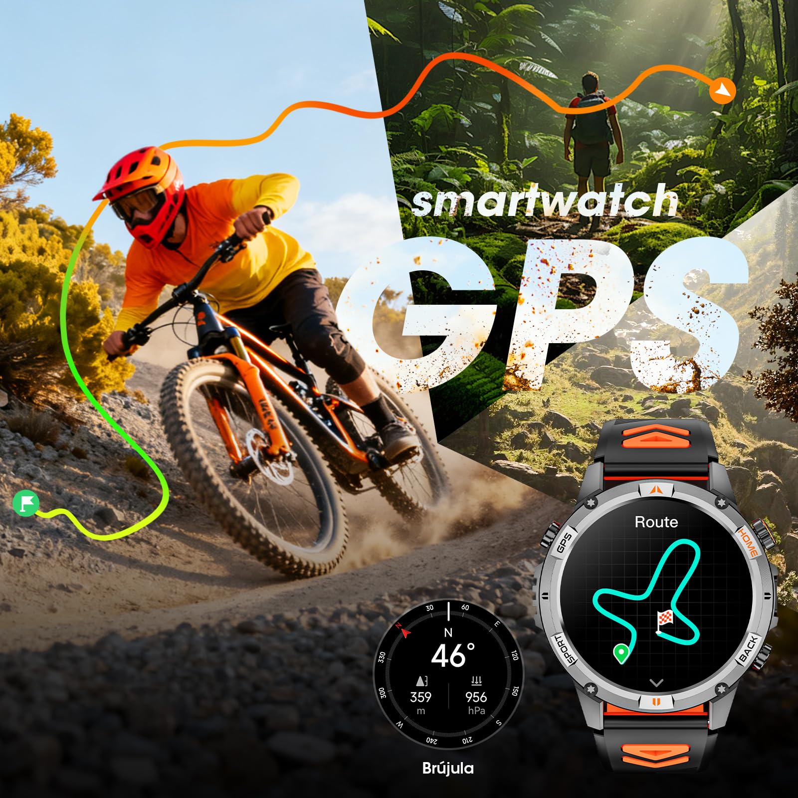 Reloj Inteligente Hombre Militar, 1,46" HD Smartwatch GPS con Linterna Led, Brújula, 100+ Modos Deportivos Smart Watch, Monitoreo de Salud 24/7, Llamadas Bluetooth