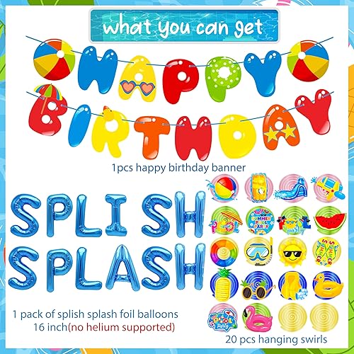 Miniatura 2 de Splish Splash - Suministros de fiesta de cumpleaños, globos salpicados de playa, feliz cumpleaños, pancarta de verano para fiesta en la piscina,