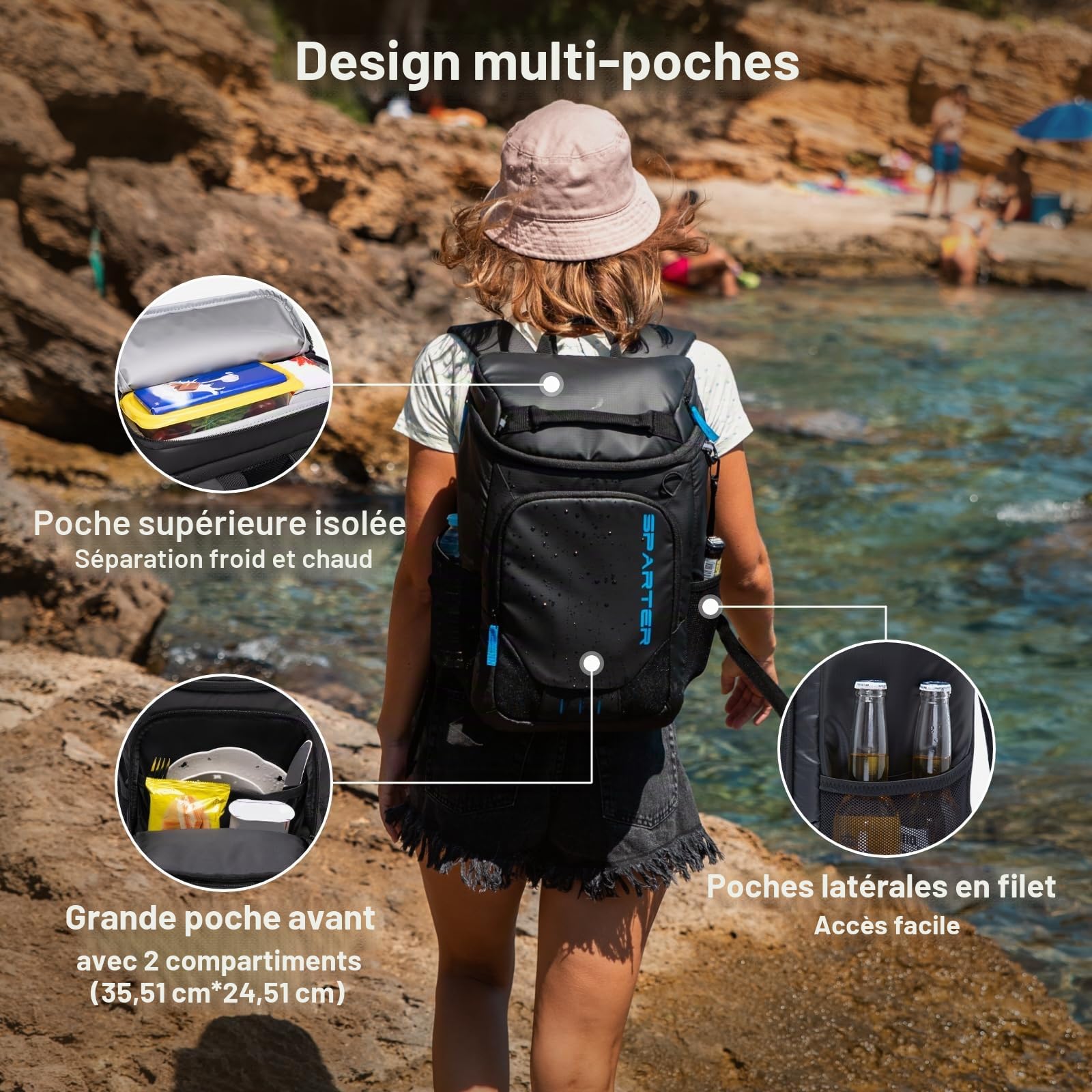 SPARTER Sac à dos isotherme anti-fuite 33/49 canettes, 2 compartiments isolés, sac à dos thermique, portable, léger, plage, voyage, camping, sac à dos pour homme et femme