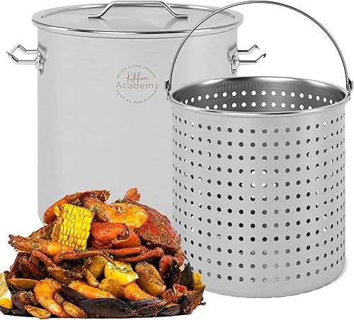 Kitchen Academy - Olla de acero inoxidable de 53 cuartos de galón con cesta coladora, ollas grandes plateadas, olla comercial con tapa para