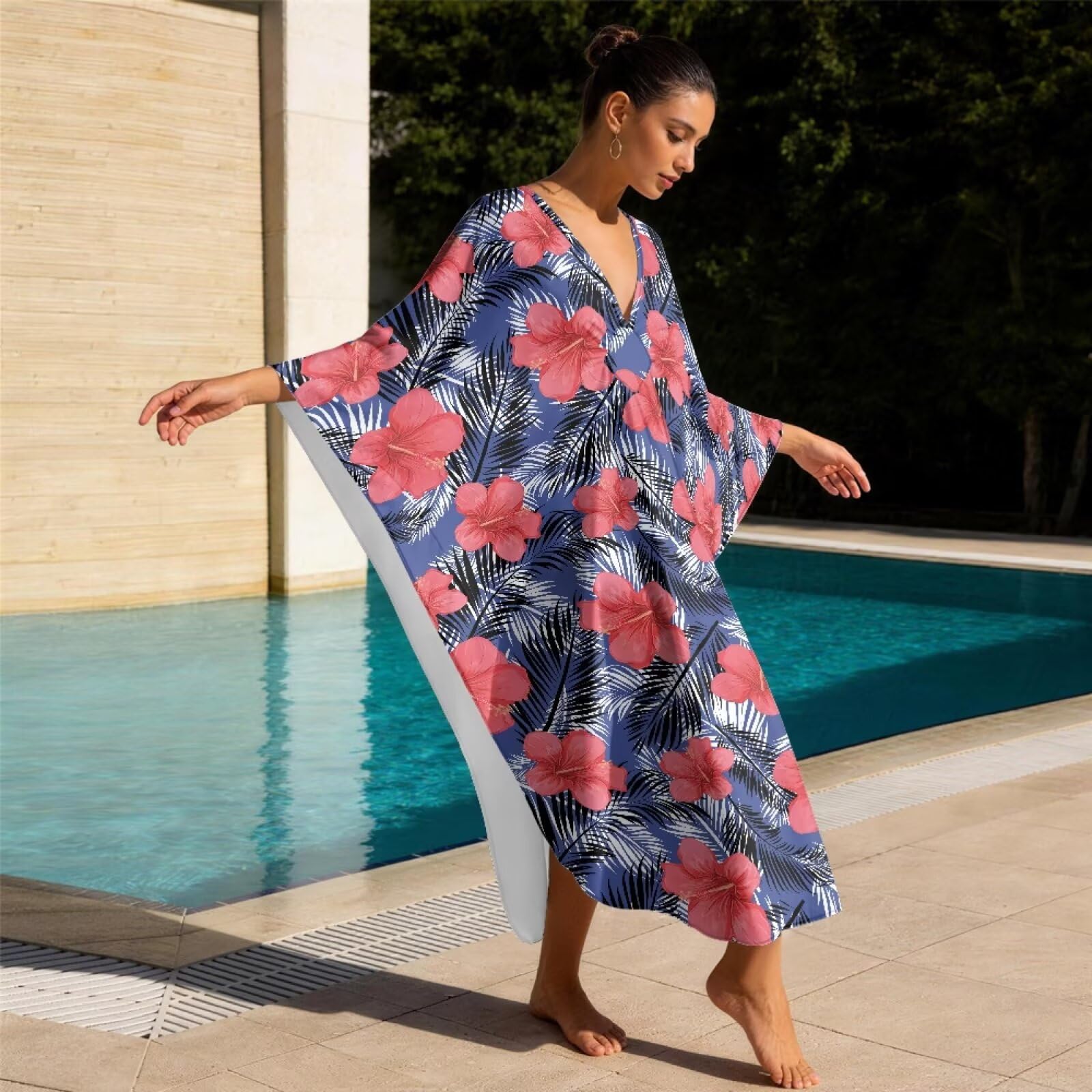 Copertura estiva da spiaggia per le donne caftano con scollo a V Maxi abito da spiaggia manica a pipistrello loungewear Plus Size Cover Up
