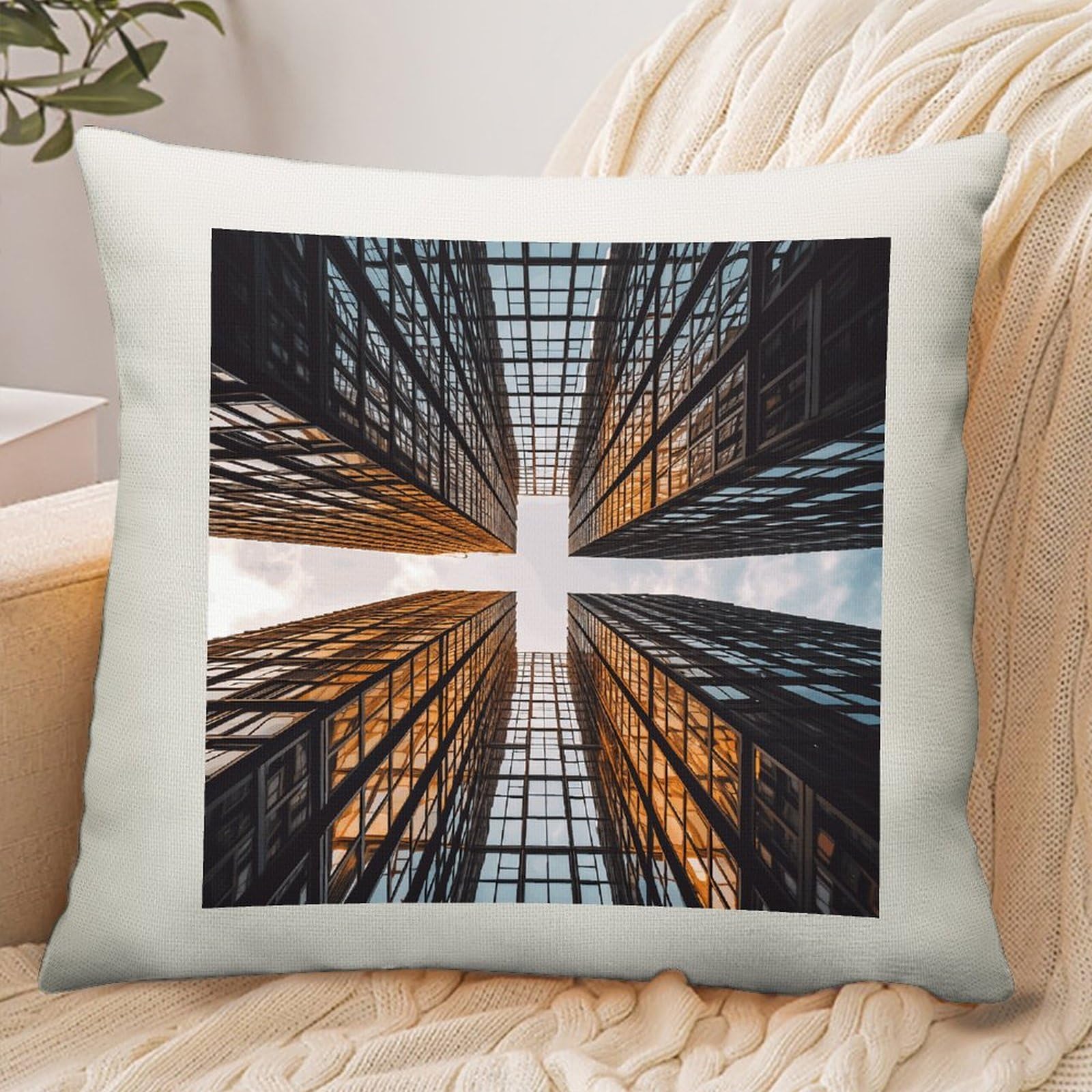 Adfgyerh Style Skyscraper Looking Up At Sky Pillow Cover Breathable,Pillowcases Boho Decorative Envelope Closure,Throw Pillow Covers For Beach,Patio,Balcony,Couch Living Room 16 * 16In