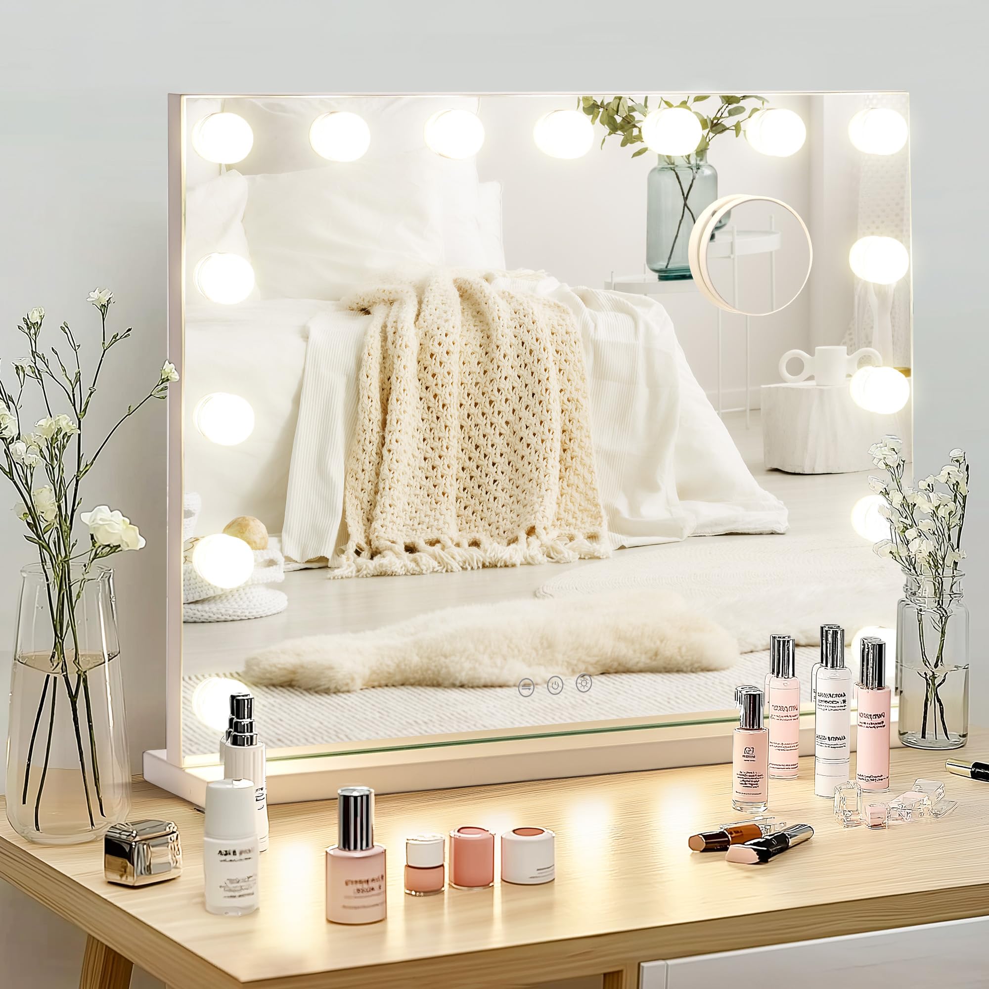 SogesPower Specchio per trucco luminoso Hollywood, posa libera/parete | 3 toni (3000K/4500K/6500K) | USB + memoria | specchio 4 mm senza rame | lente 5X | supporto ferro 10kg