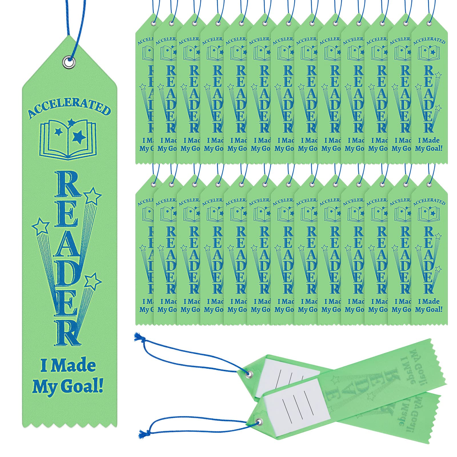 Outus 50 Pcs Accelerate Reader Award Ribbons Hot Green Ribbons with Card and String I Made My Goal Prize with Event Card for Ceremonies and Events