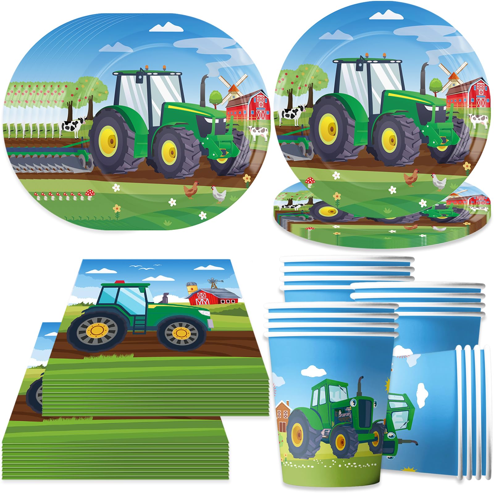 Bikasun Tractor Party Supplies Tableware Set, Tractor Birthday Party Decorations, Farm Tractor Plates, Cups, Napkins for Tractor Party Decor, Kid's Birthday Party Supplies, Serves 16 โ image 1