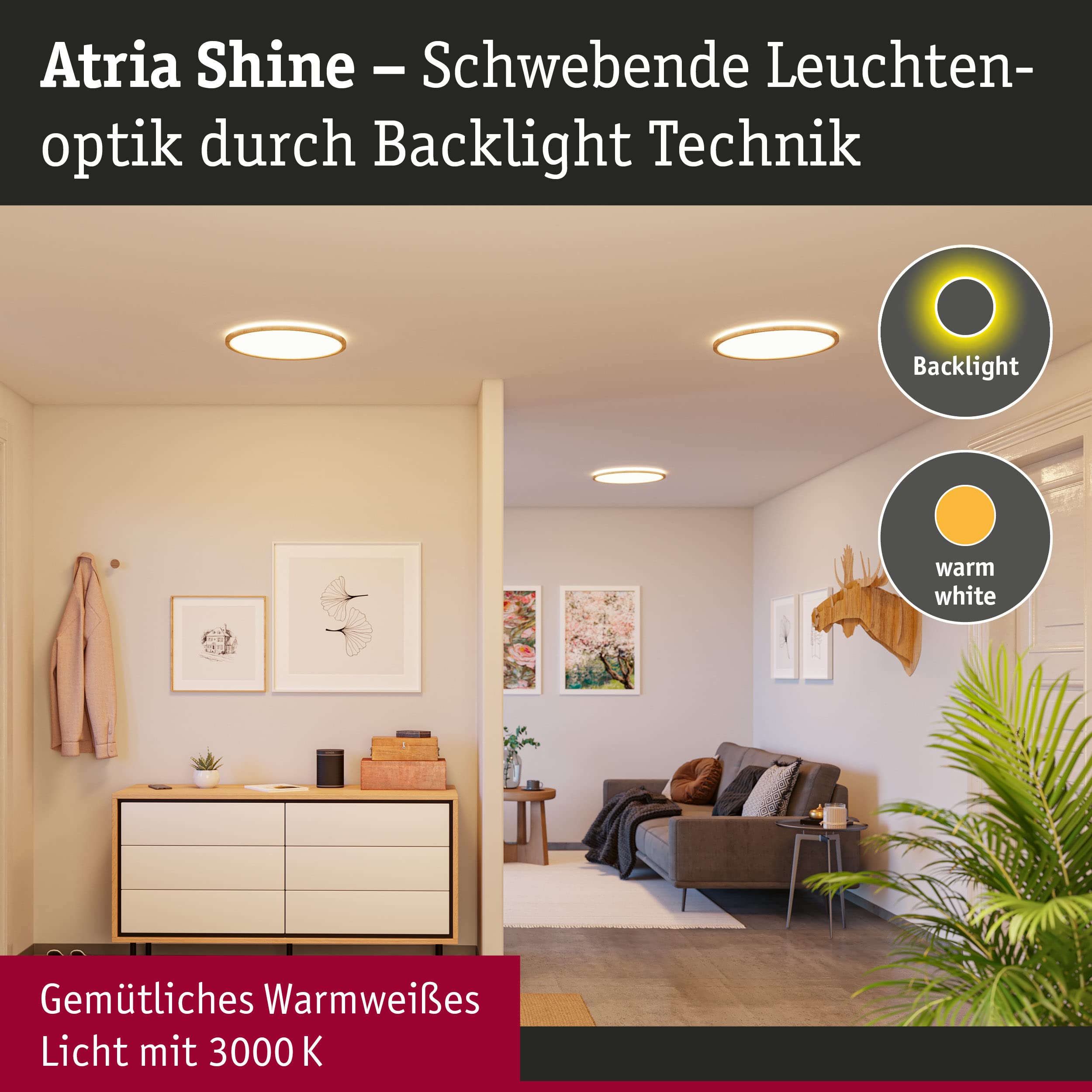 Paulmann 71028 Panel LED Atria Shine plafón con Backlight redondo IP44 16W 1600lm 293mm acabado madera plástico 3000K blanco cálido luminaria de baño