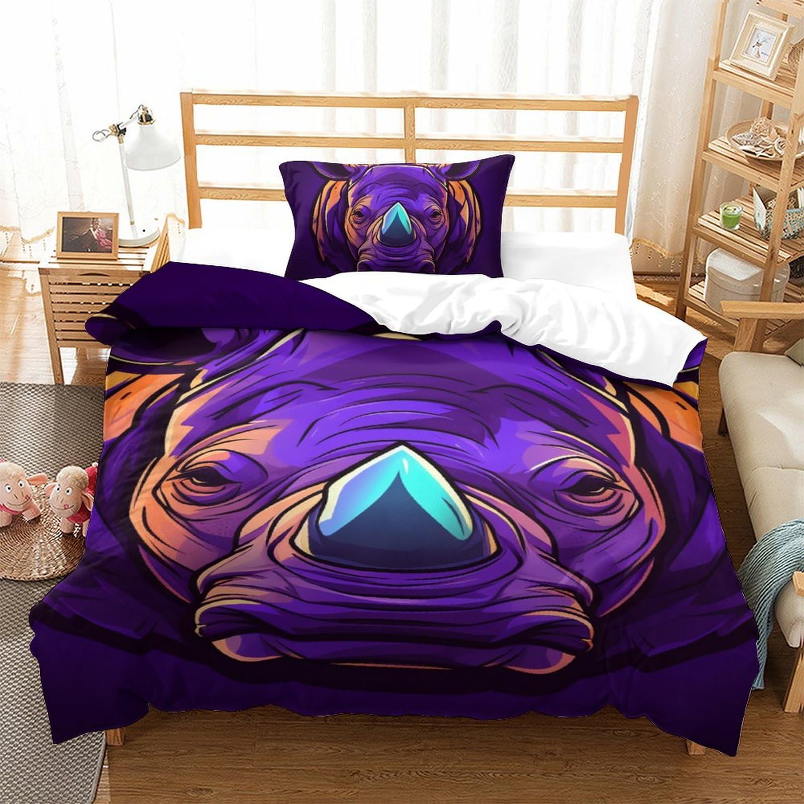 Housse de couette rhinocéros 3D pour lit simple 135x200 cm avec fermeture éclair