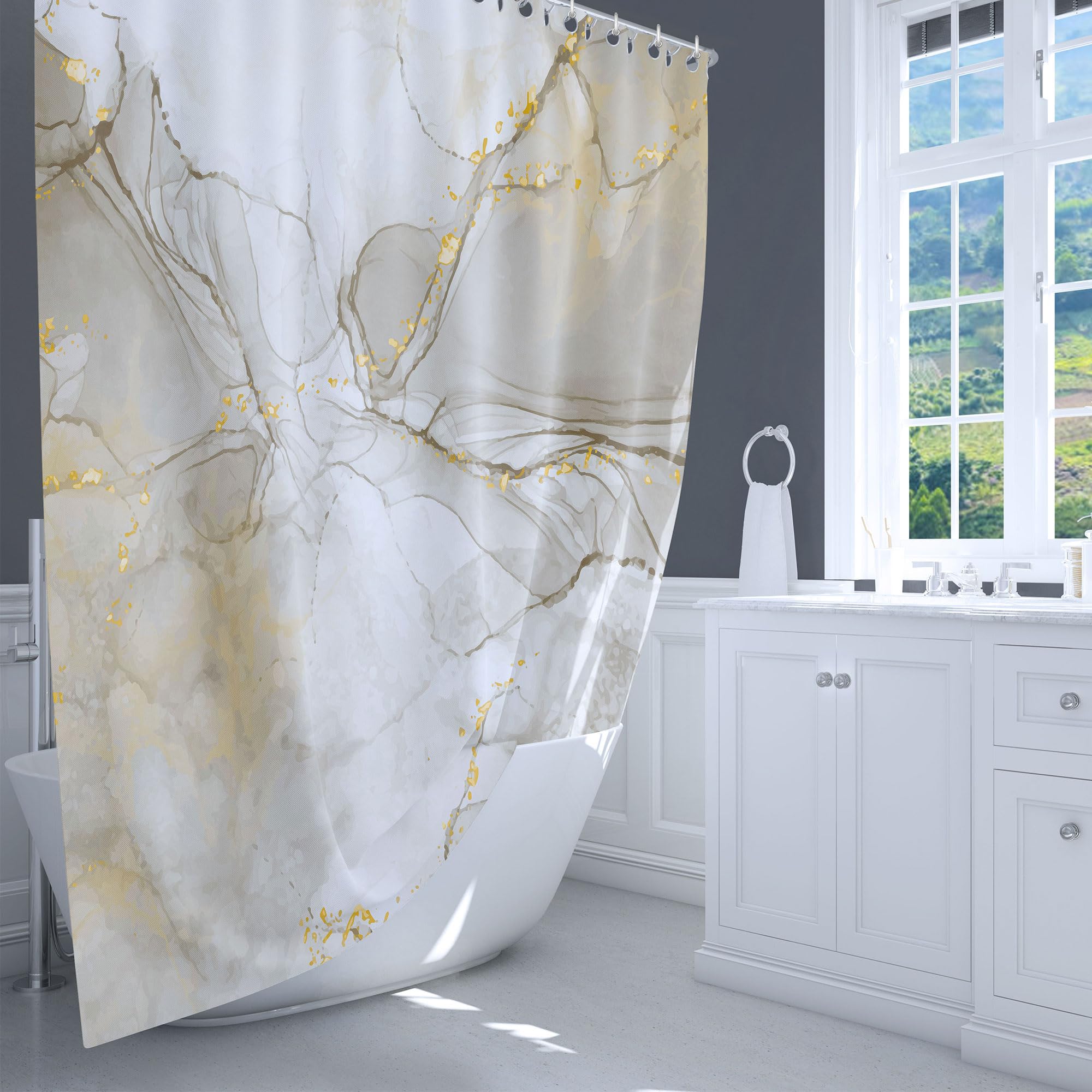 LIVETTY White Marble Shower Curtain 180x180cm Drop Abstract Shower Curtains with 12 Hooks Fabric Bath Curtain Washable Quick-Drying - Image 2