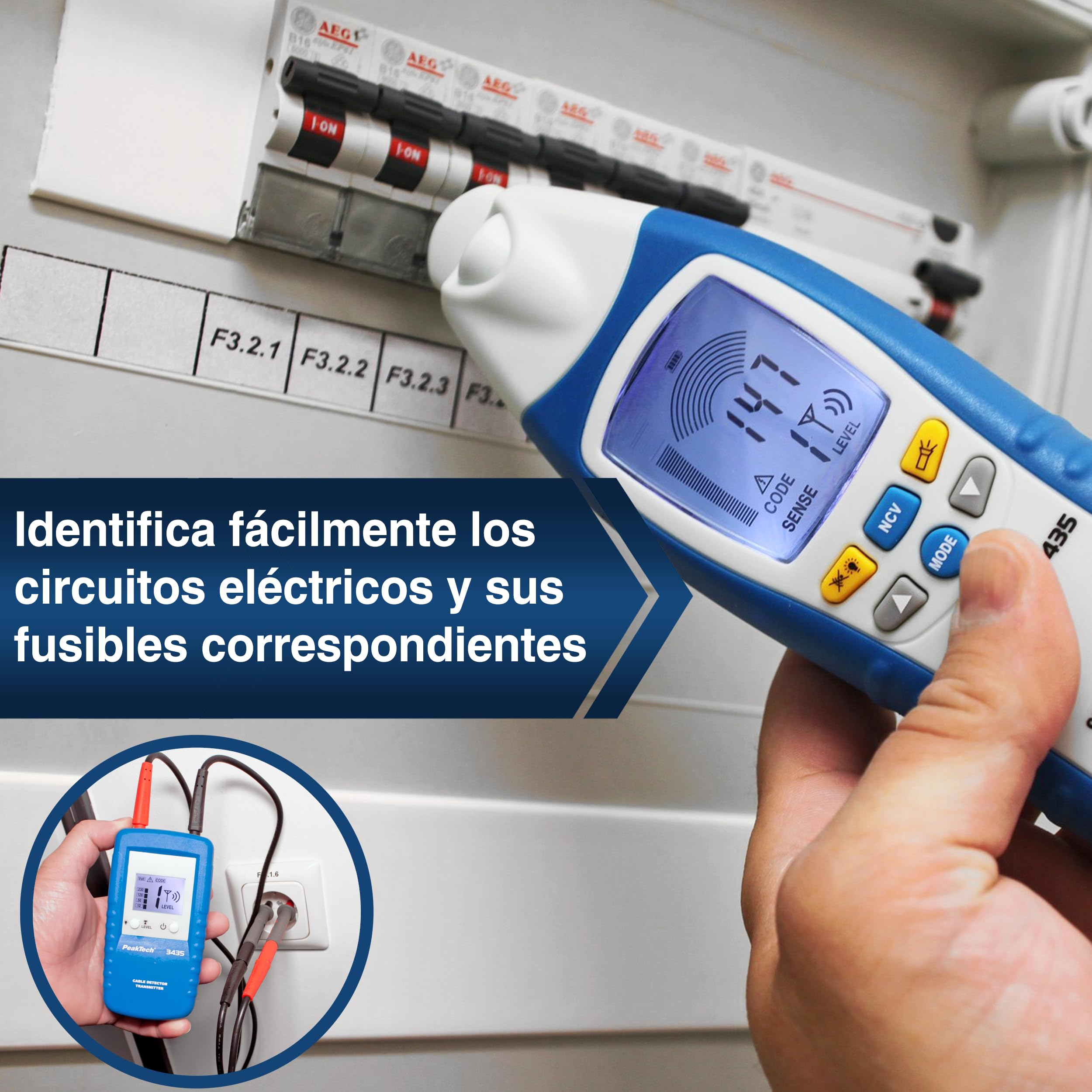 PeakTech 3435 - Localizador de Línea con Transmisor, Receptor para Cortocircuitos, Fusibles, Tuberías Metálicas, Voltímetros, Buscadores de Línea en Paredes, Techos, Pisos, Recepción de Hasta 2 Metros