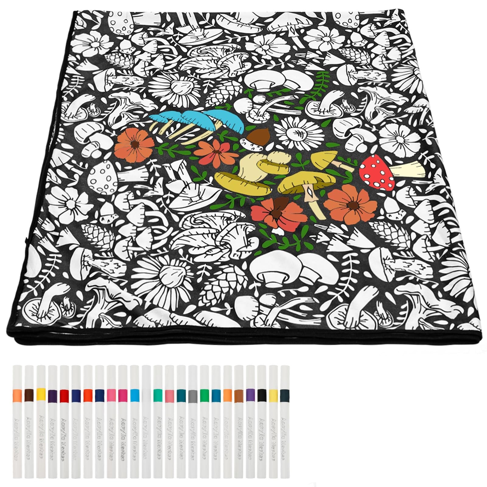 YUNYOUC DIY Colouring Blanket for Adults, DIY Coloring Blankets, Washable Colour Your Own Picnic Blanket with 24 Colors Markers, Creative Stress Relief Activity(Mushroom Theme)