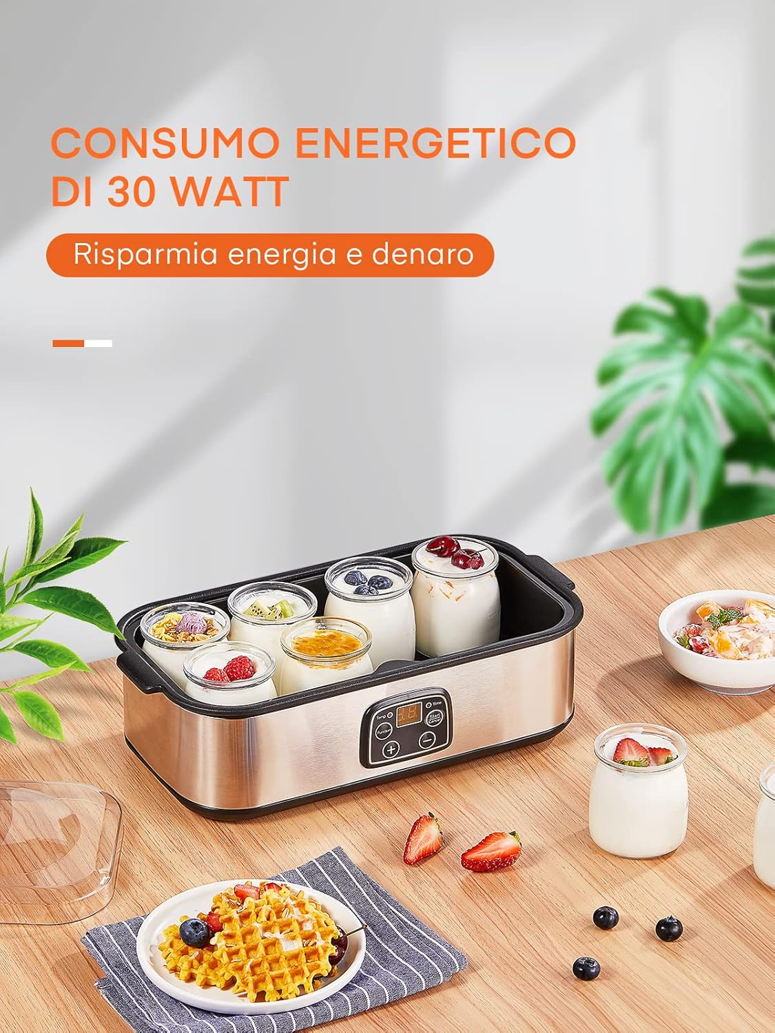 Three steps for making homemade yogurt: mixing ingredients, placing in maker, and adding toppings