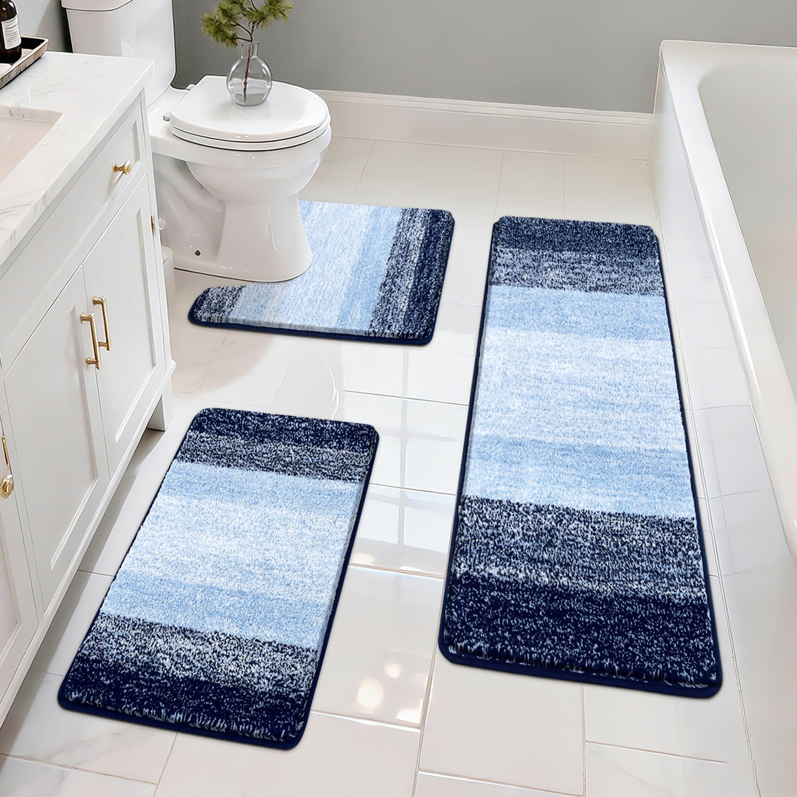 Pauwer Set di 3 tappetini da bagno antiscivolo, in peluche, assorbenti, con contorno a forma di U, per camera da letto e soggiorno, colore: blu navy