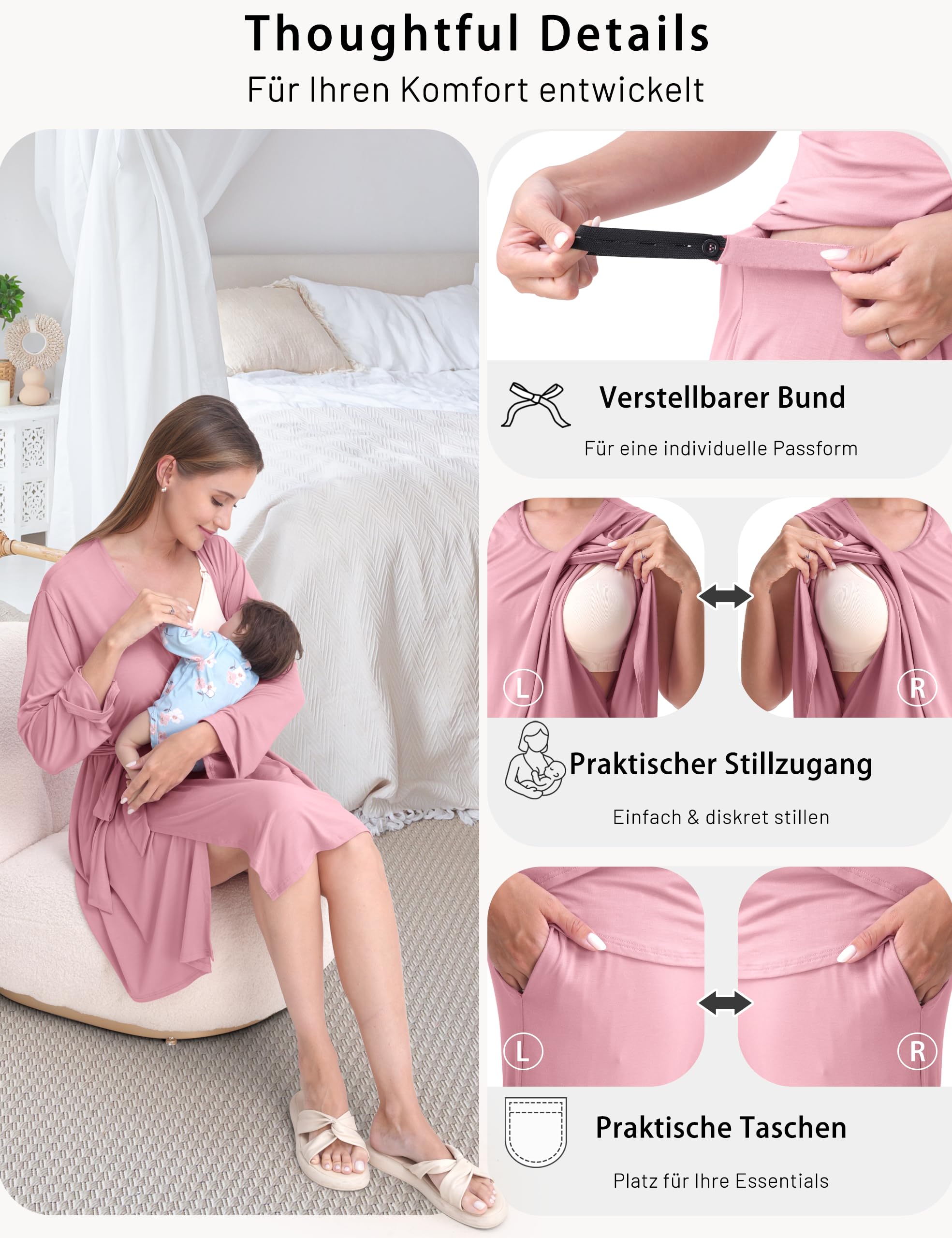 SUNNYBUY Set di 4 pigiami premaman per allattamento con kimono, invisibile, per casa e tempo libero, gravidanza e allattamento