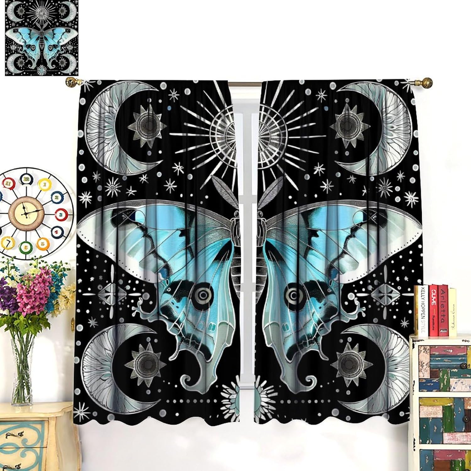 Moth Butterfly Blackout Window Curtains, Moon Phase Stars Bohemian Print Window Drapes, for Bedroom Living Room 52" W X 84" L