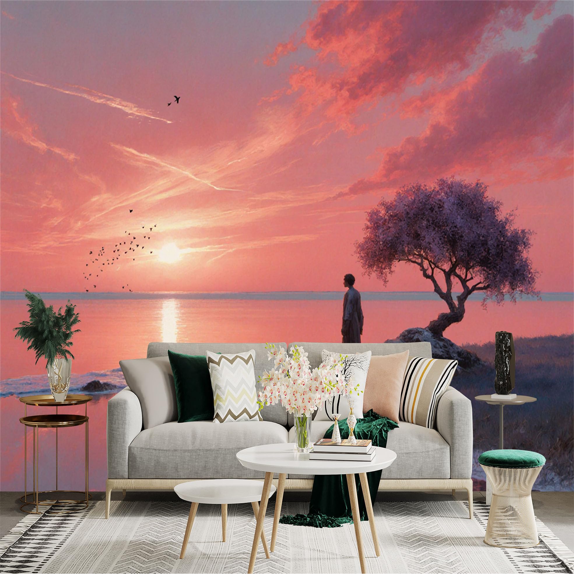 Lnzczhyre Xc260505652 Custom Size Wall Sticker Mural， Dreamy Sunset Seascape， Solitary Person By The Tree， Pink Clouds Over Ocean， Peaceful Coastal Horizon， For Wall Decoration， Peelandstick Wall Decals.