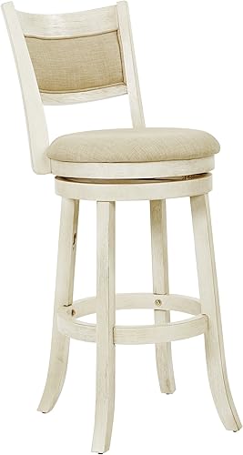 Miniatura 1 de OSP Home Furnishings Metro Taburete giratorio de 30 pulgadas con asiento acolchado y reposapiés adjunto, tela beige con marco blanco antiguo