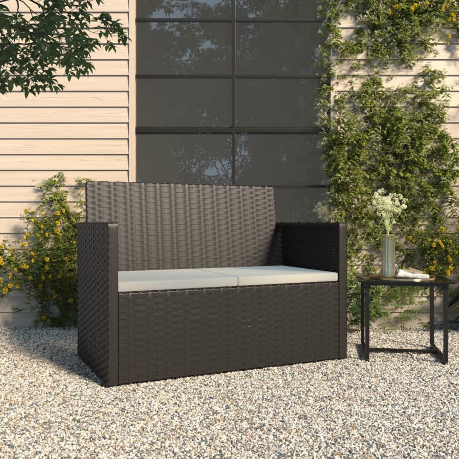 362316 Panca da Giardino con Cuscini Nera 105 cm in Polyrattan Testata in Legno,Testata Letto Matrimoniale Muebles Dormitorio Spalliera Letto Testiere per Letto Matrimoniale