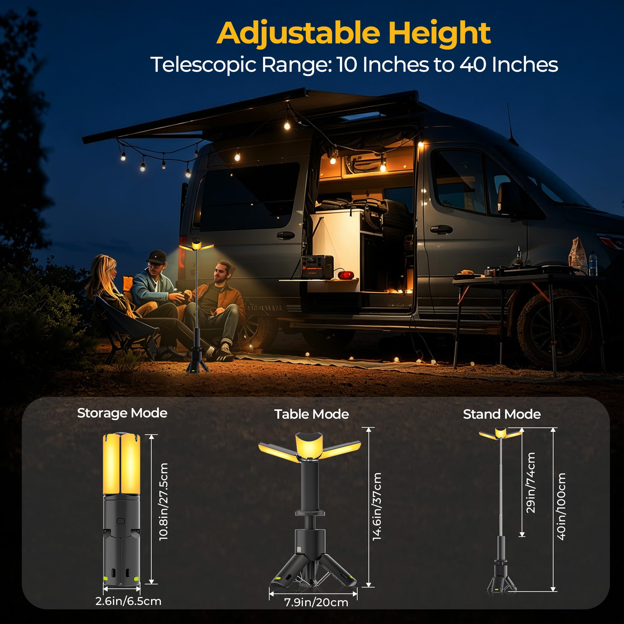 Luci da campeggio ricaricabili, luce da campeggio pieghevole, lanterna da campeggio a LED a 360° con asta telescopica, per tenda, escursionismo, emergenza, interruzione di corrente, uso esterno e