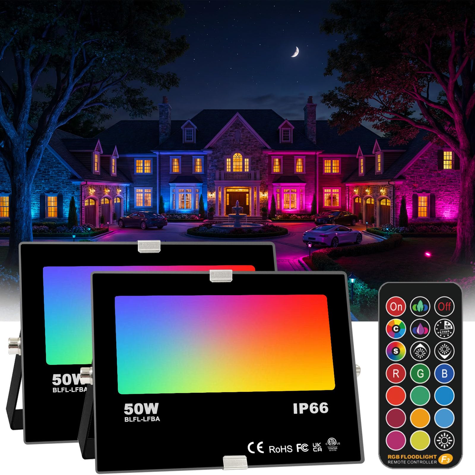 Faretto LED RGB Esterno Proiettore, modifica del colore 50W, modalità di strobo personalizzata DIY, colori RGB 12, tempi, telecomando incluso, IP66 impermeabile