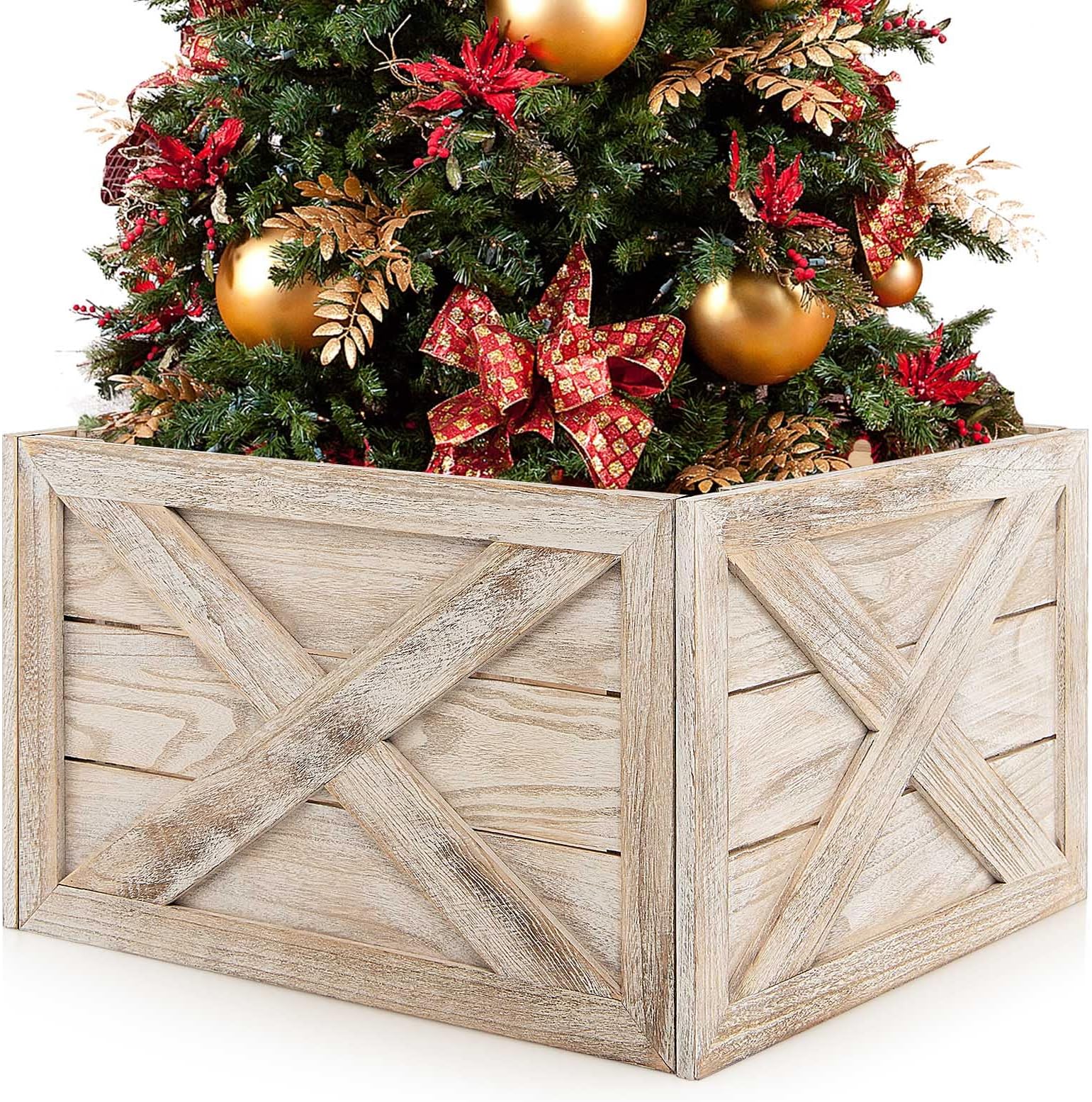 Goplus Wooden Tree Collar Box, 100% Solid Wood Farmhouse Tree Box, Rustic Christmas Tree Skirt, Vintage Weathered Wood Decoration, 4 Sides (Brown, 24” x 22.5” x 14.5”)