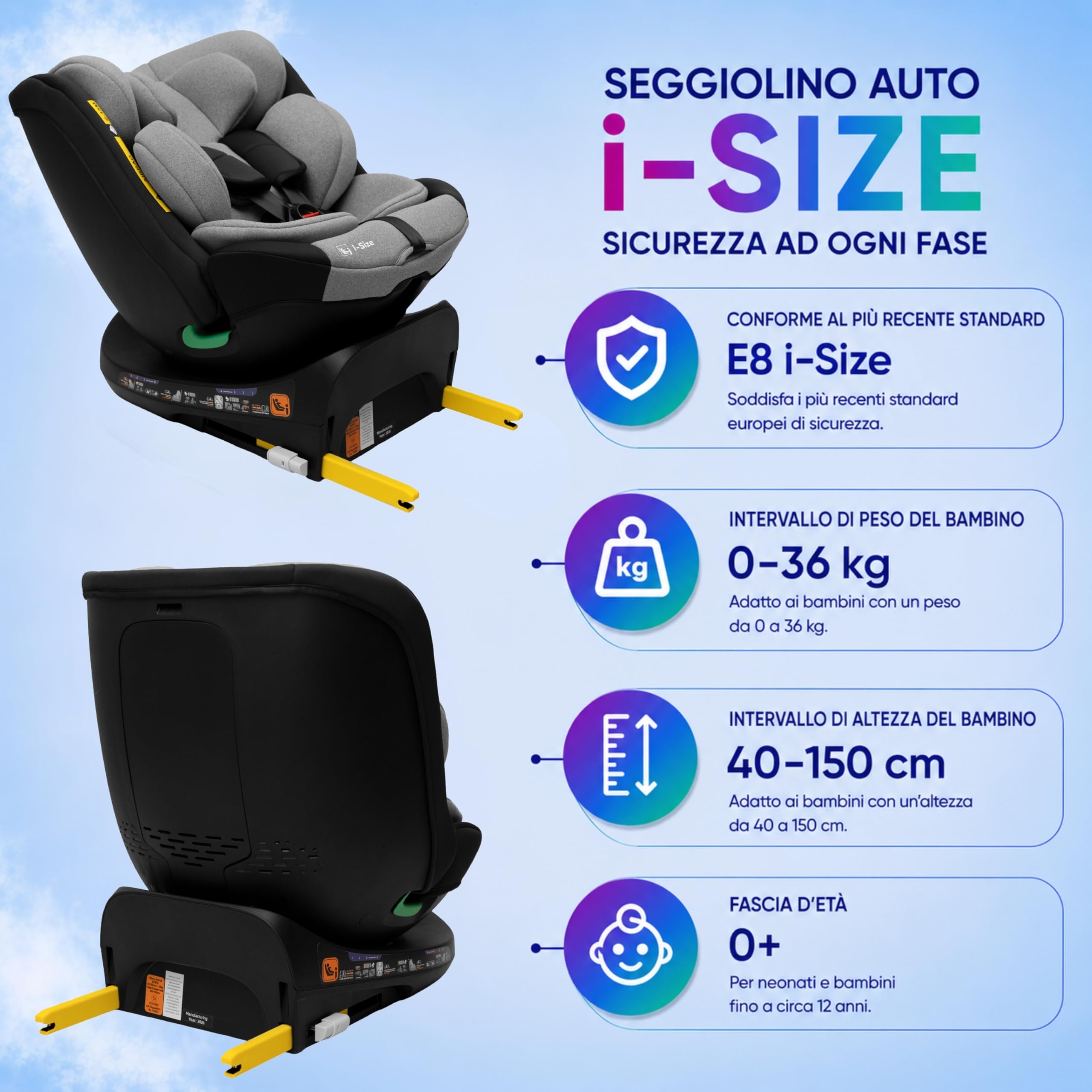 KidsZone Seggiolino Auto 0-36 kg Isofix Girevole 360° - 0-12 anni Gruppo 0/1/2/3 40-150 cm i-Size - Schienale Reclinabile In 8 Posizioni, Regolazione Del Poggiatesta (24 Cm)